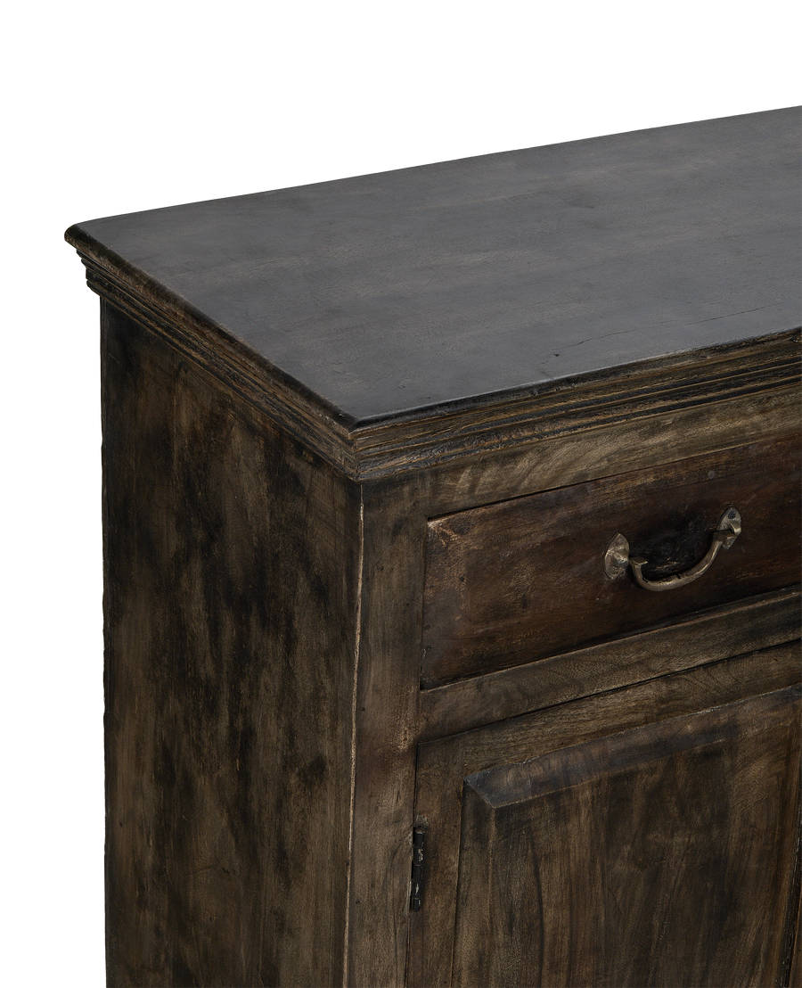 Vintage Indian Oak sideboard featuring dark stained drawer and cupboard with decorative bronze handle.