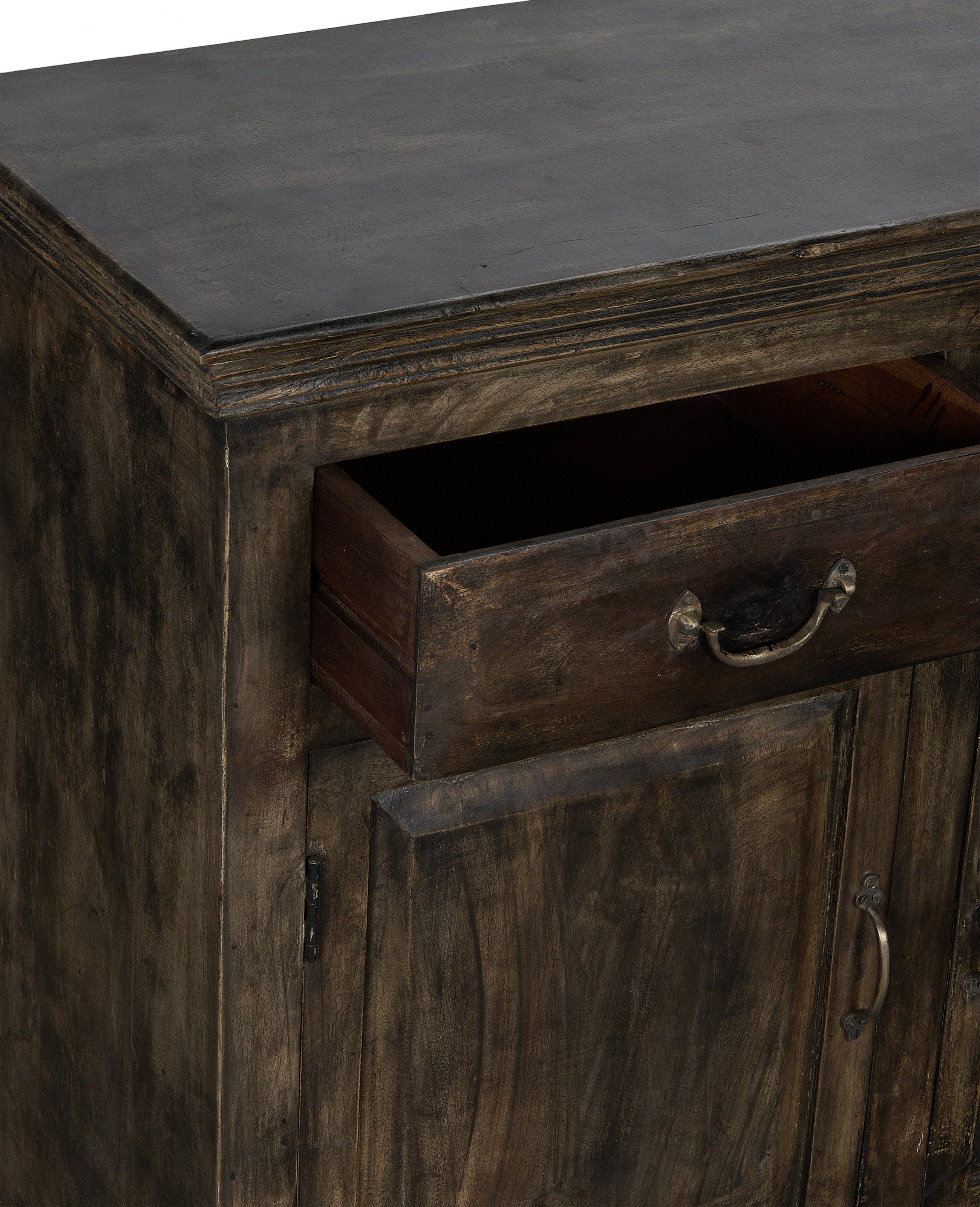 Vintage dark oak sideboard with open drawer revealing inner storage and antique bronze pull.