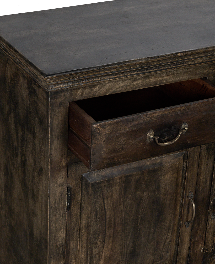Vintage dark oak sideboard with open drawer revealing inner storage and antique bronze pull.