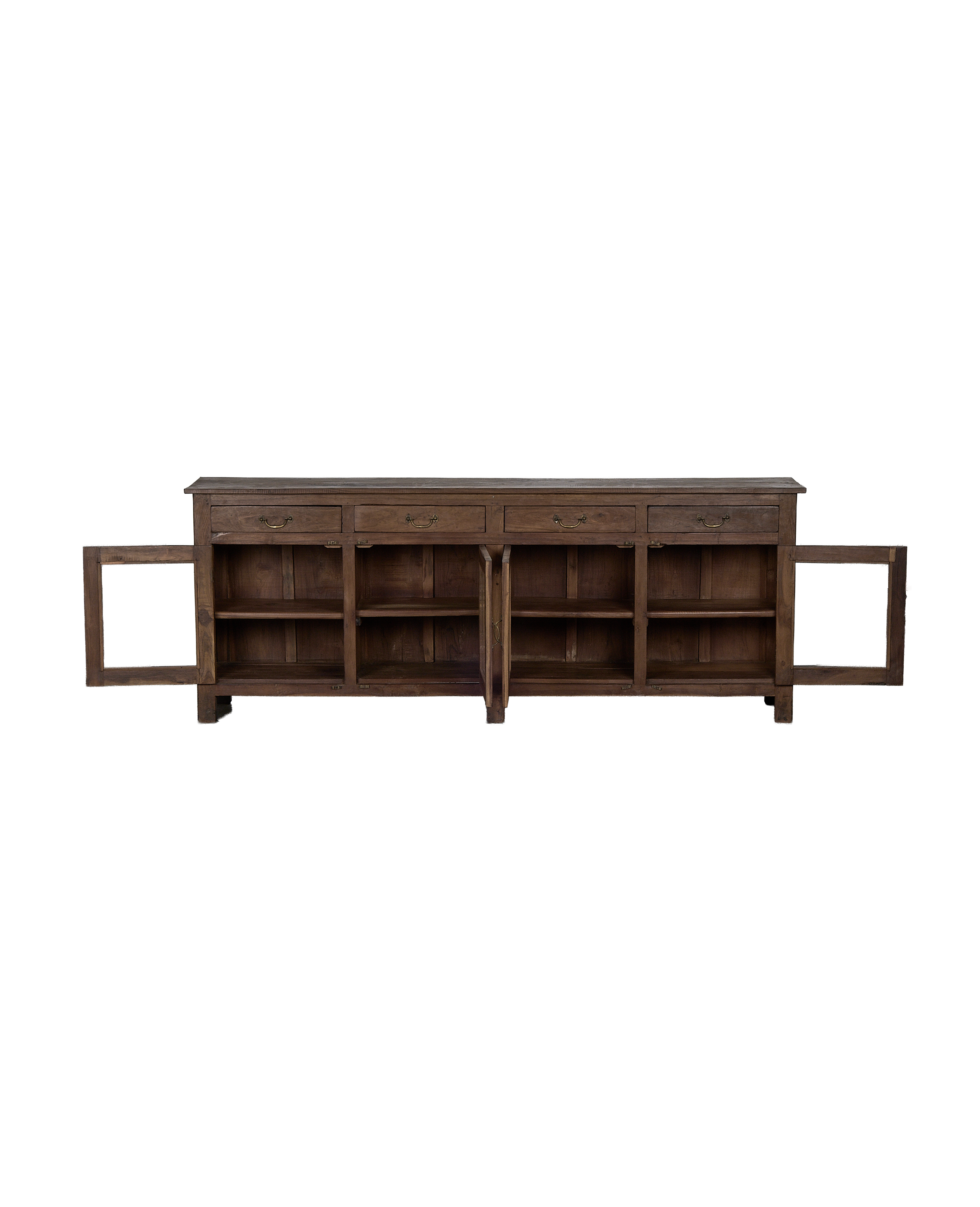 Vintage Indian oak sideboard with open doors revealing spacious interior shelves and drawers.
