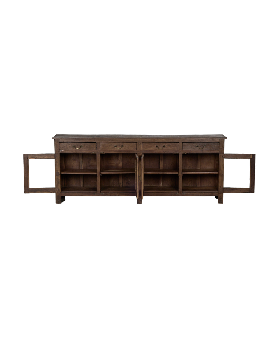 Vintage Indian oak sideboard with open doors revealing spacious interior shelves and drawers.