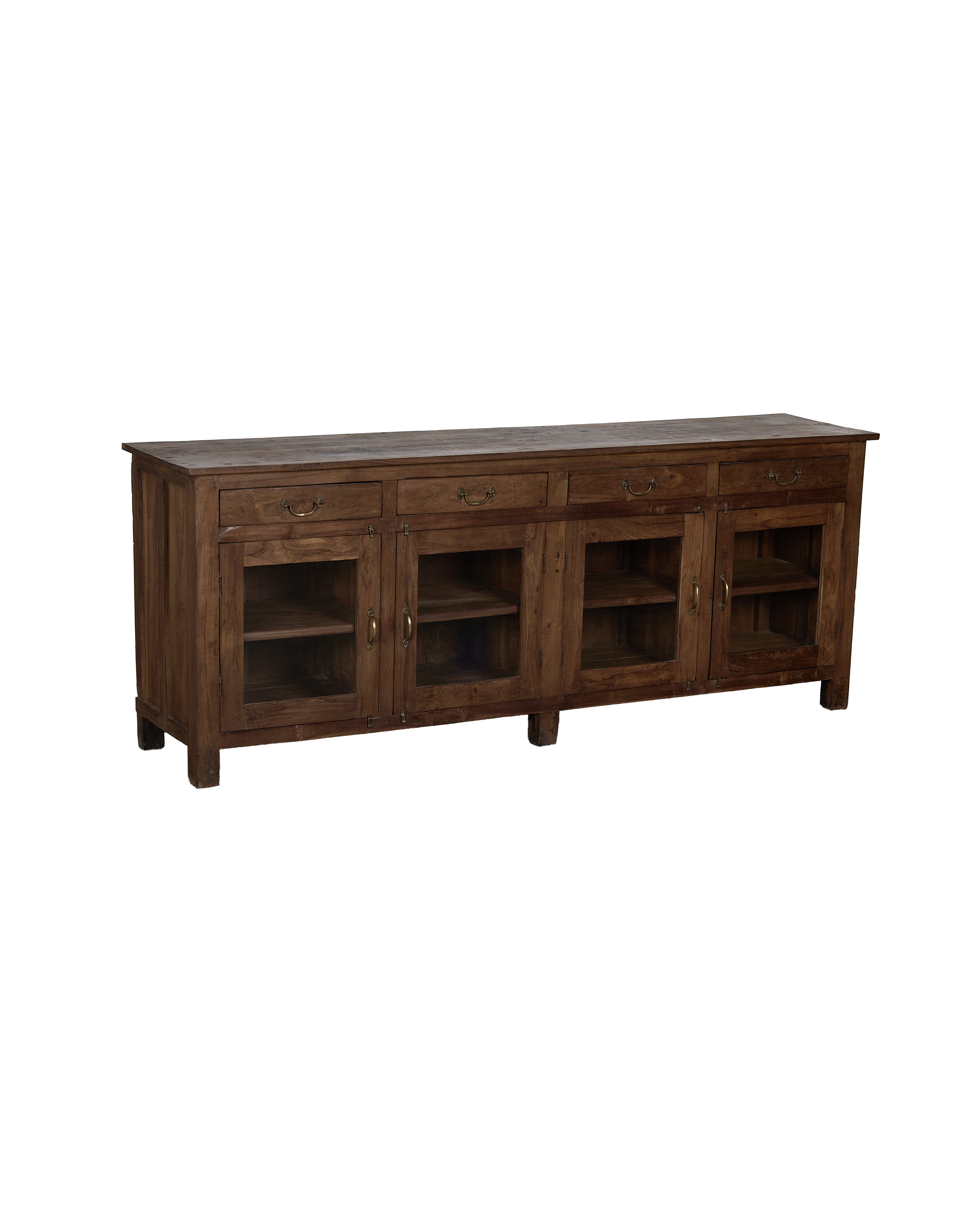 Long vintage oak sideboard from India, featuring four ornate drawers and four glass-door cabinets.
