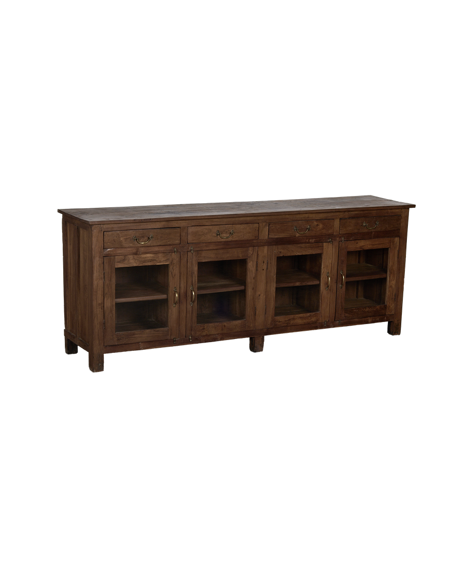Long vintage oak sideboard from India, featuring four ornate drawers and four glass-door cabinets.
