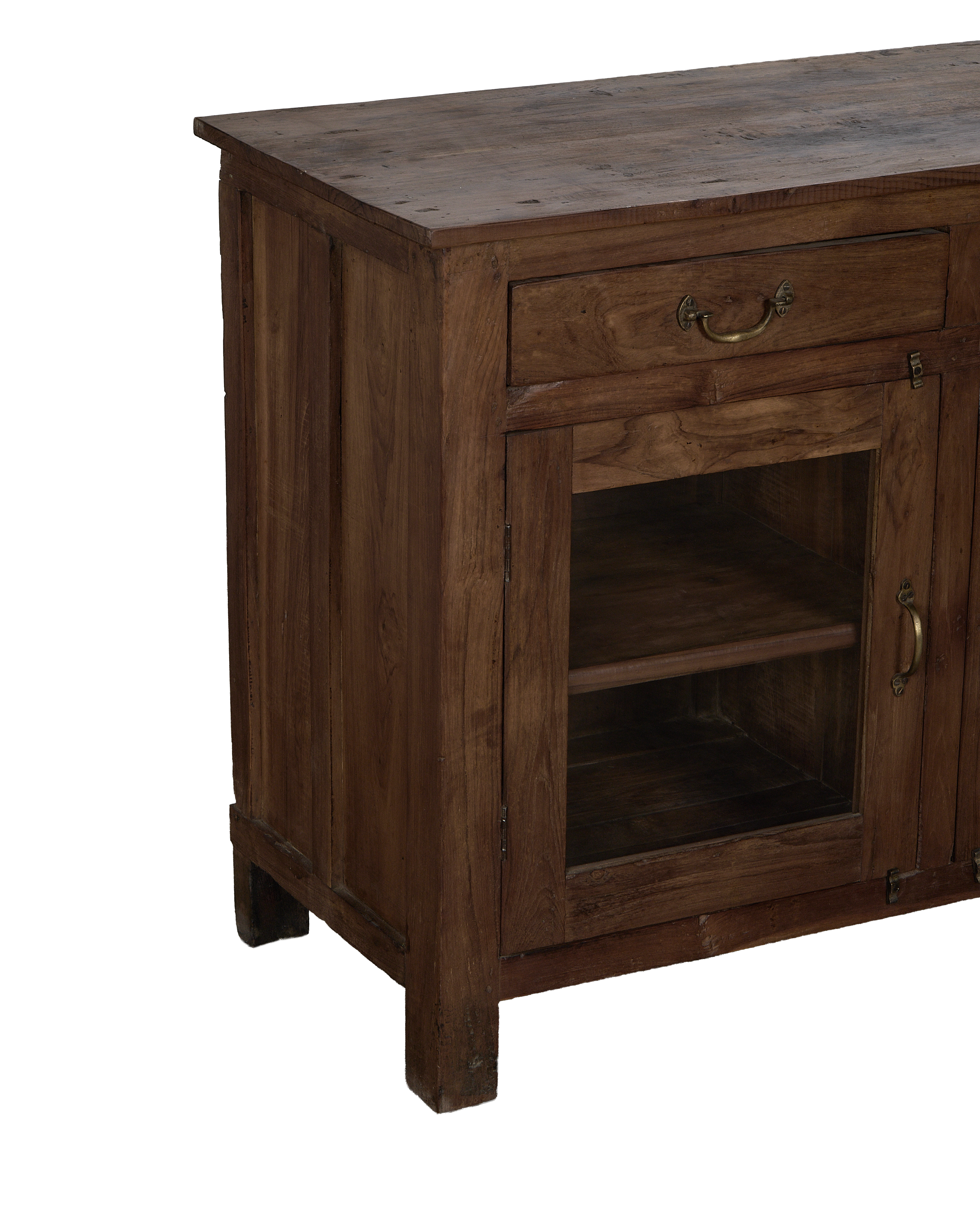 Vintage oak wood sideboard, natural brown, showing open shelving below drawer with brass pull.