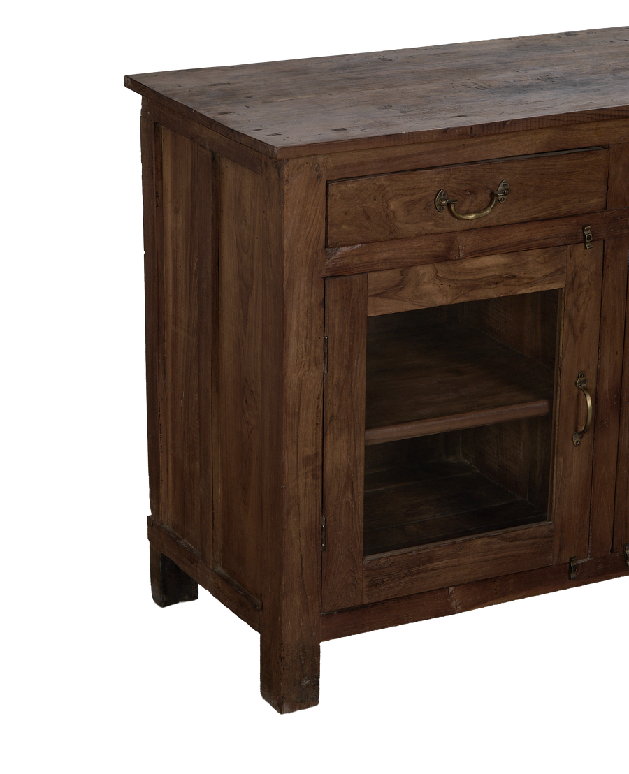 Vintage oak wood sideboard, natural brown, showing open shelving below drawer with brass pull.