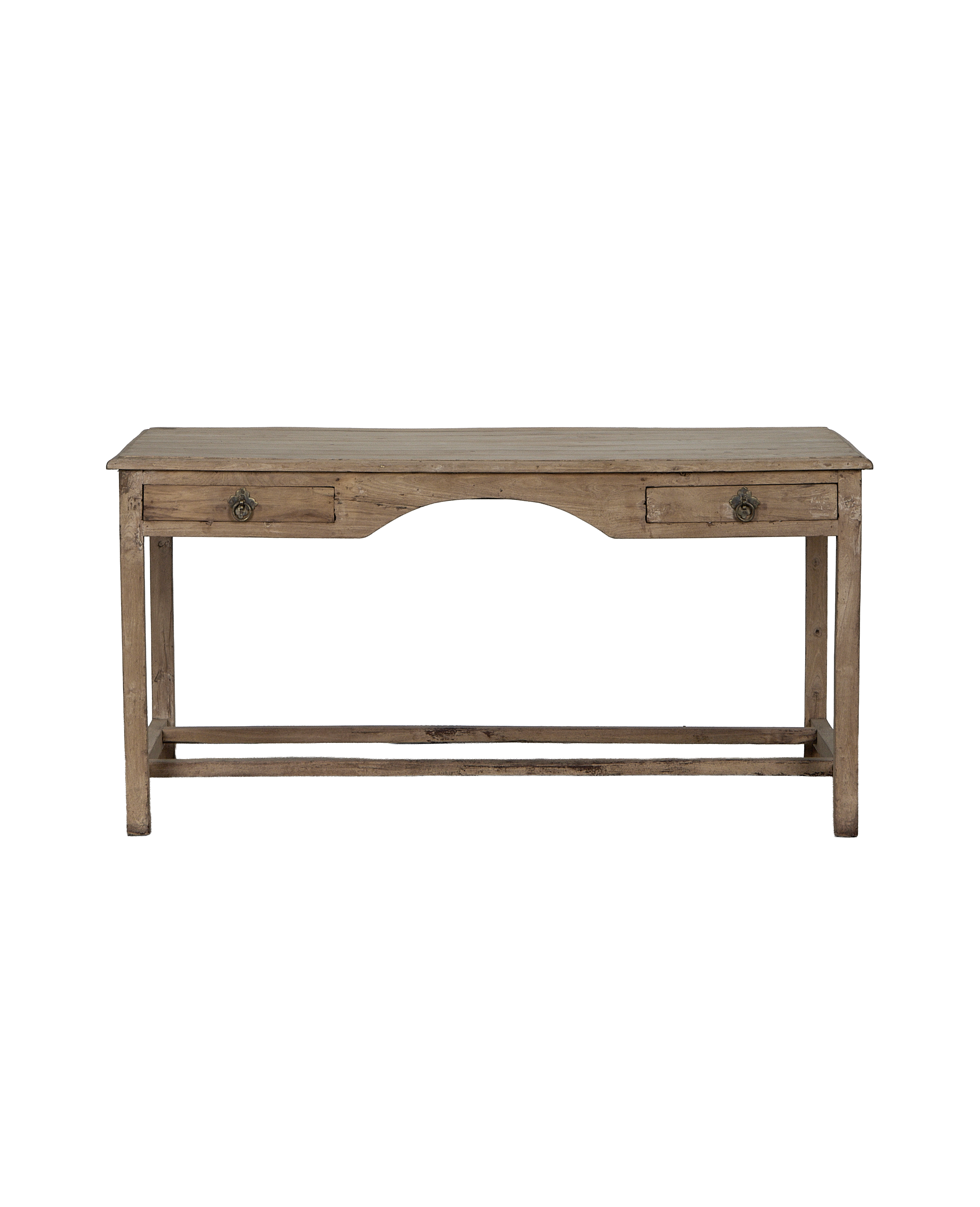 Vintage bleached oak desk from India, featuring two drawers with ornate pulls and an arched apron.