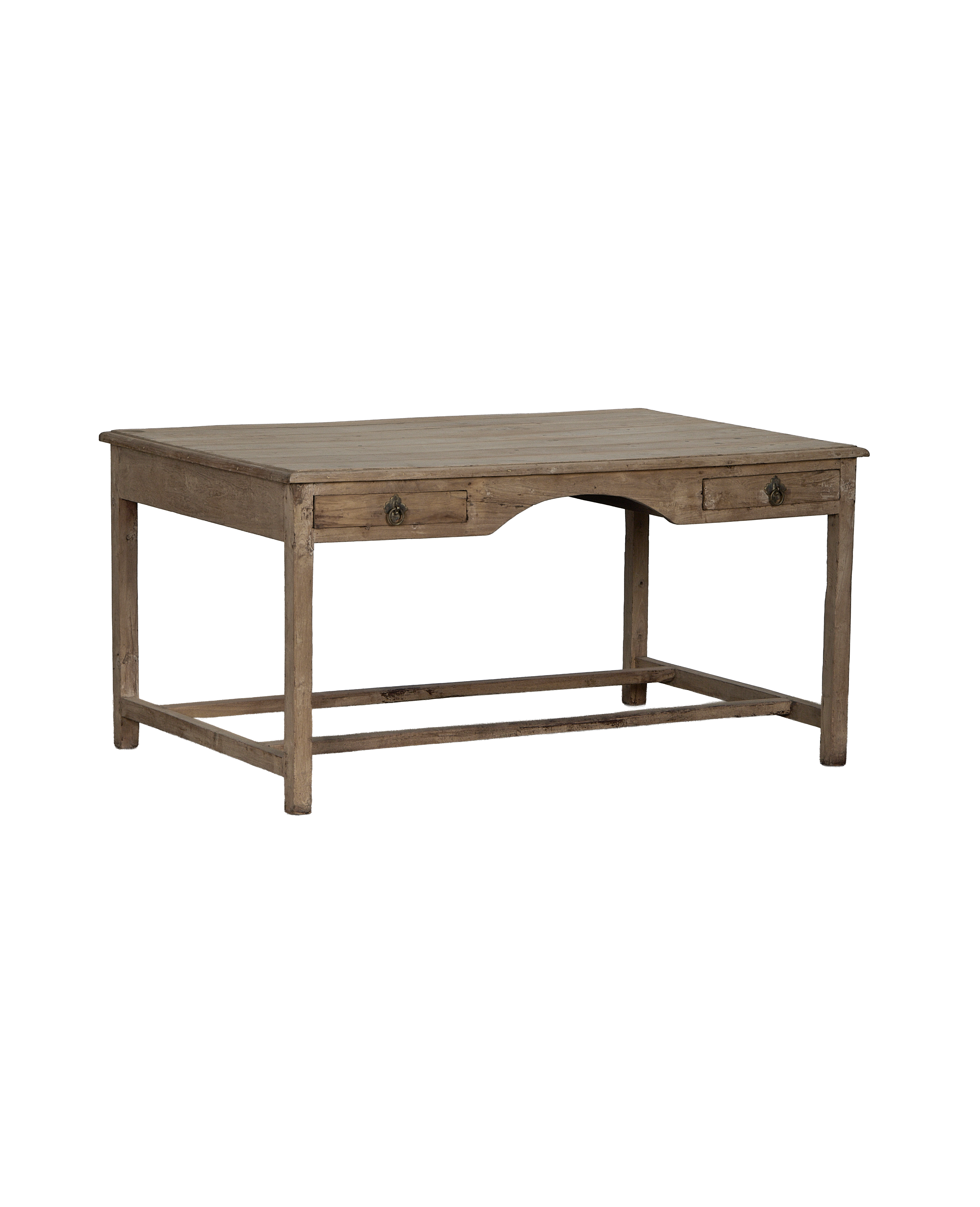 Vintage bleached oak desk from India, showcasing its complete frame and aged texture.