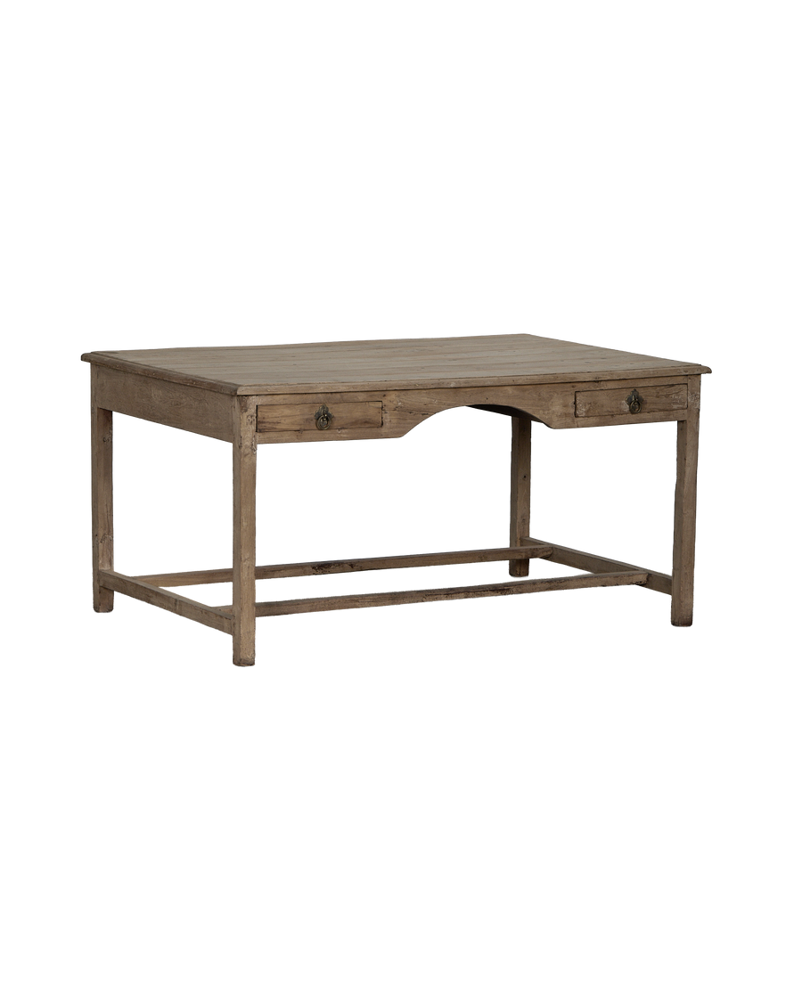 Vintage bleached oak desk from India, showcasing its complete frame and aged texture.