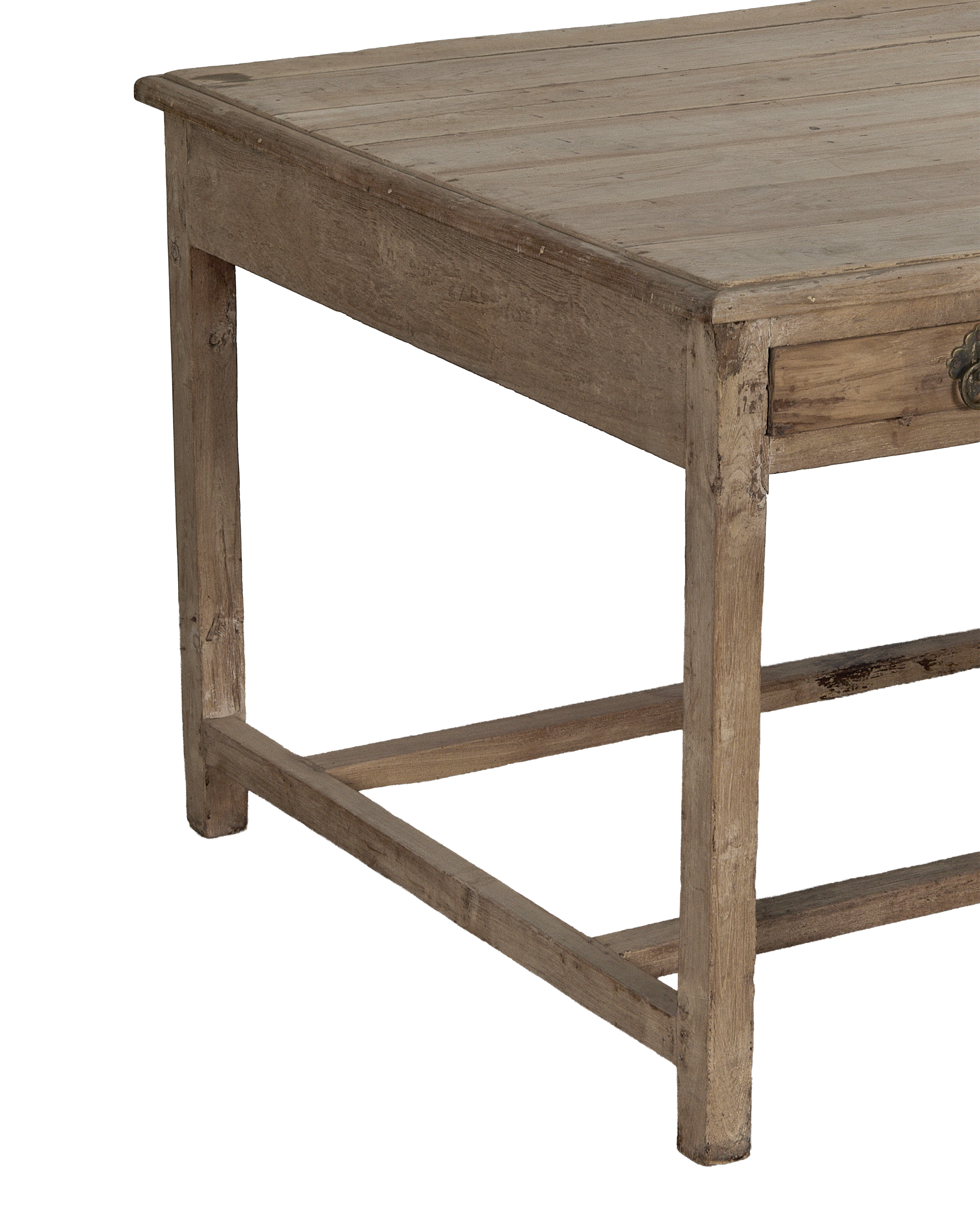 Vintage bleached oak desk from India, displaying rustic planked top and drawer detail.