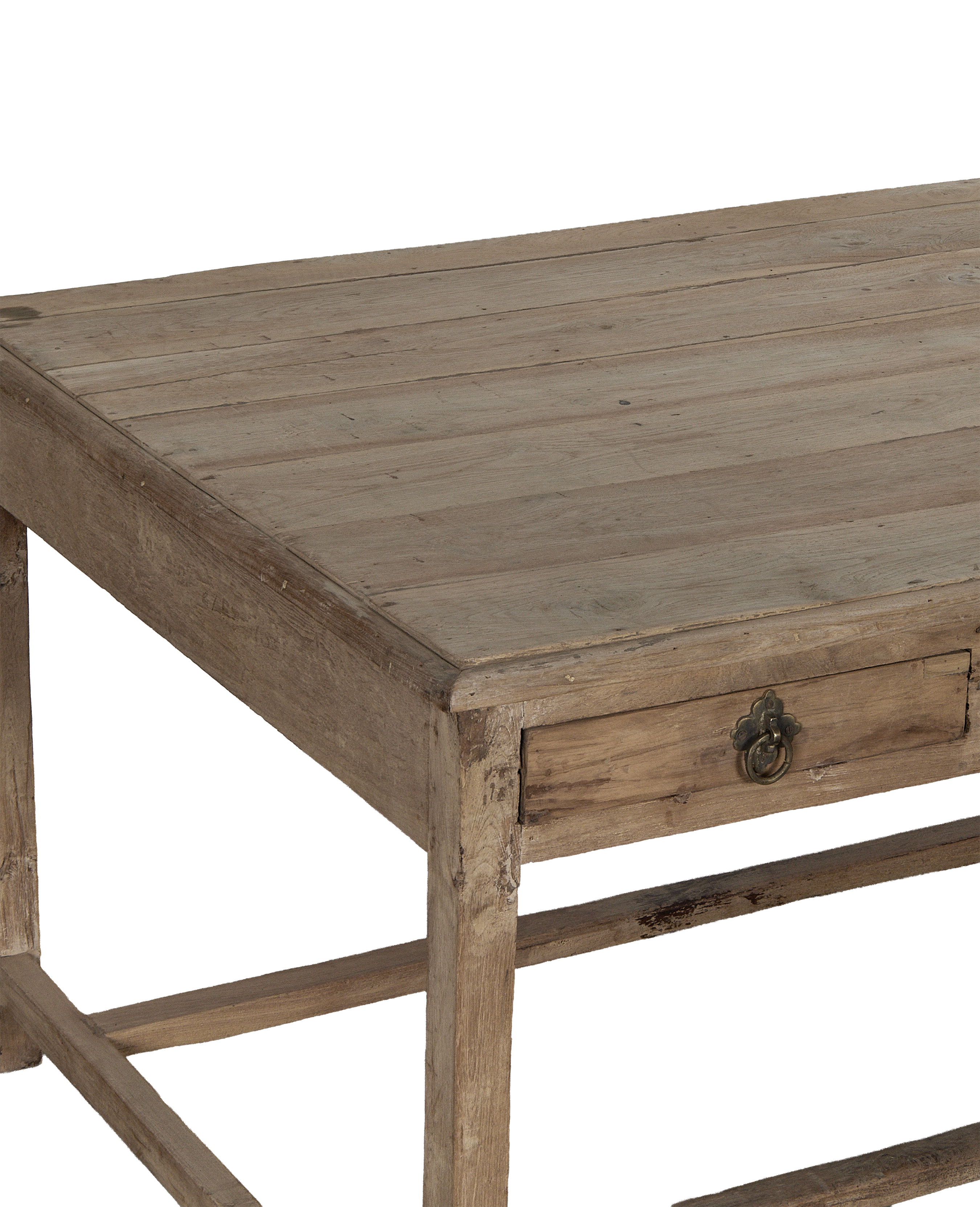 Vintage bleached oak wood desk from India, showing intricate brass drawer pull and distressed wood grain.