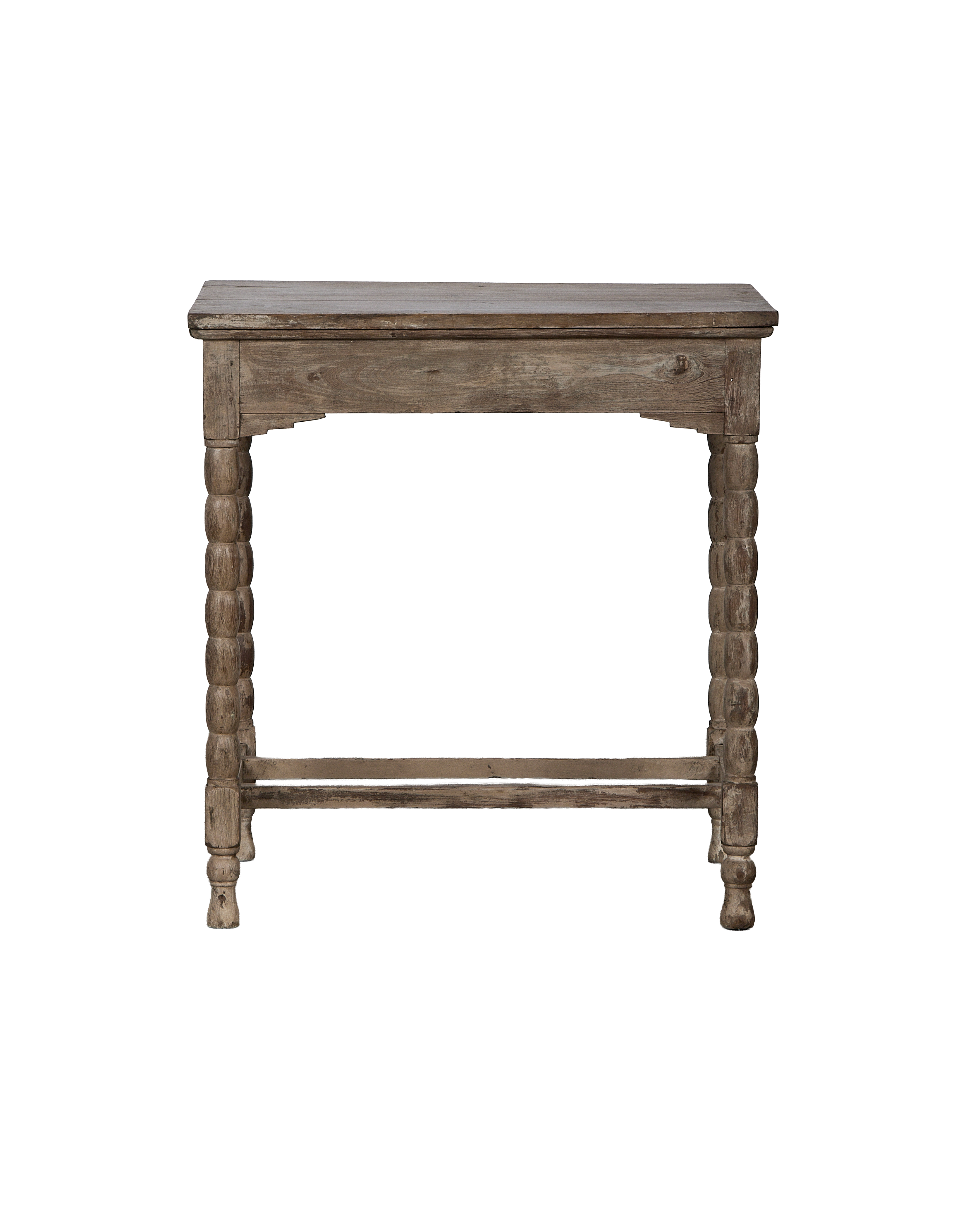 Vintage bleached oak side table from India, showing ornate turned legs and distressed finish.