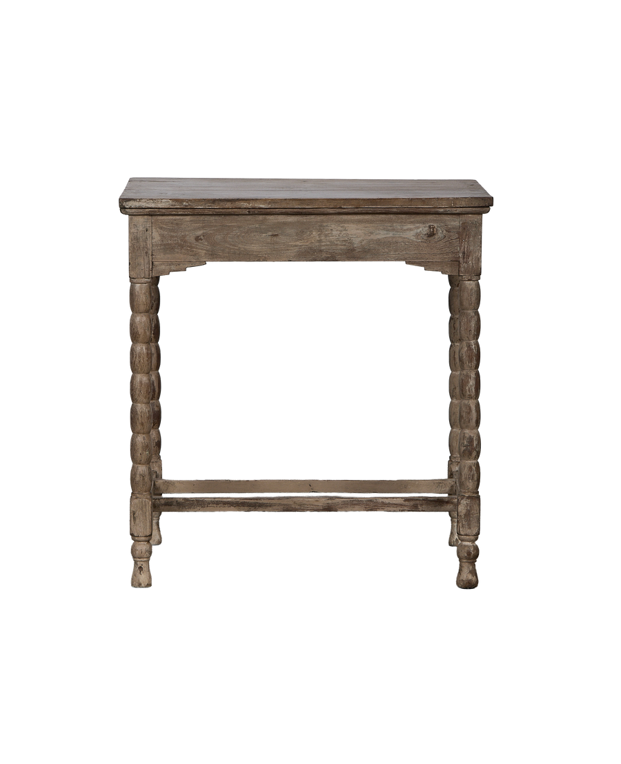 Vintage bleached oak side table from India, showing ornate turned legs and distressed finish.