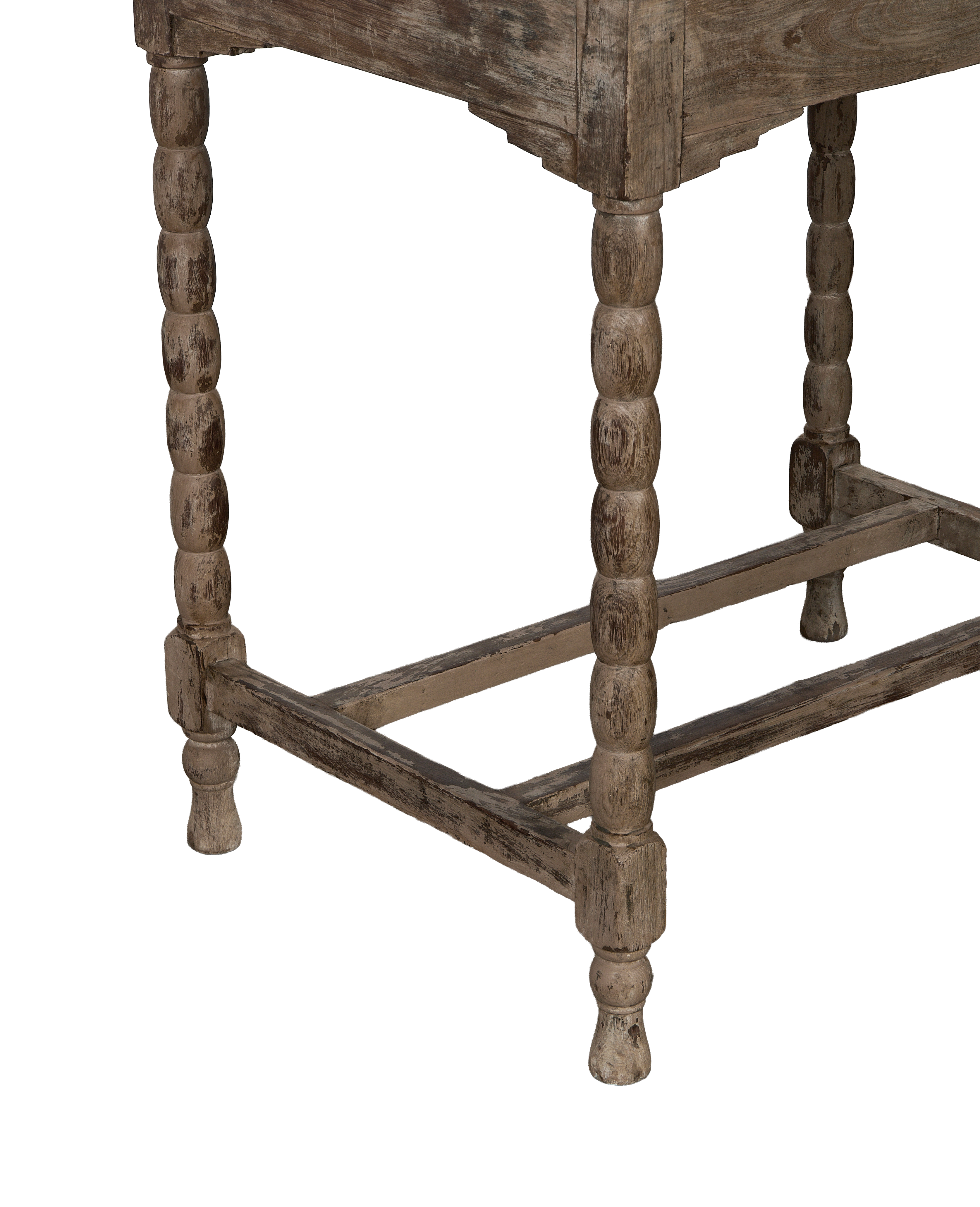 Vintage Indian bleached oak side table, showing distressed bobbin legs and base support detail.