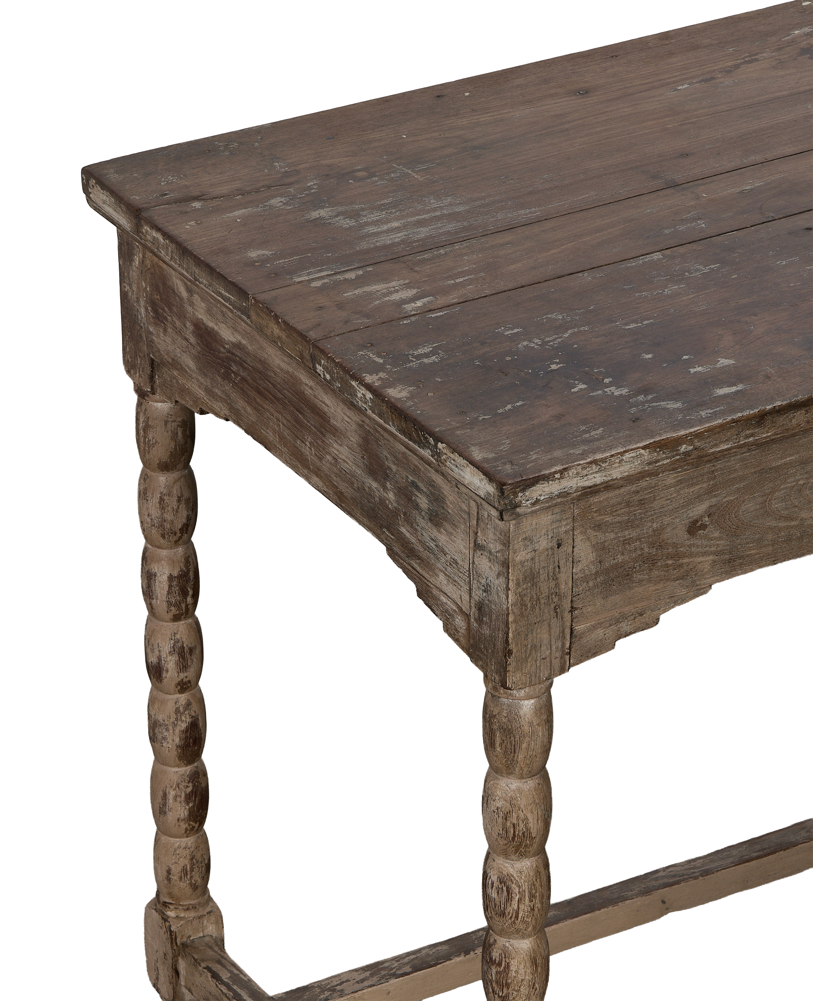 Vintage Indian bleached oak side table showing the distressed top and turned leg.