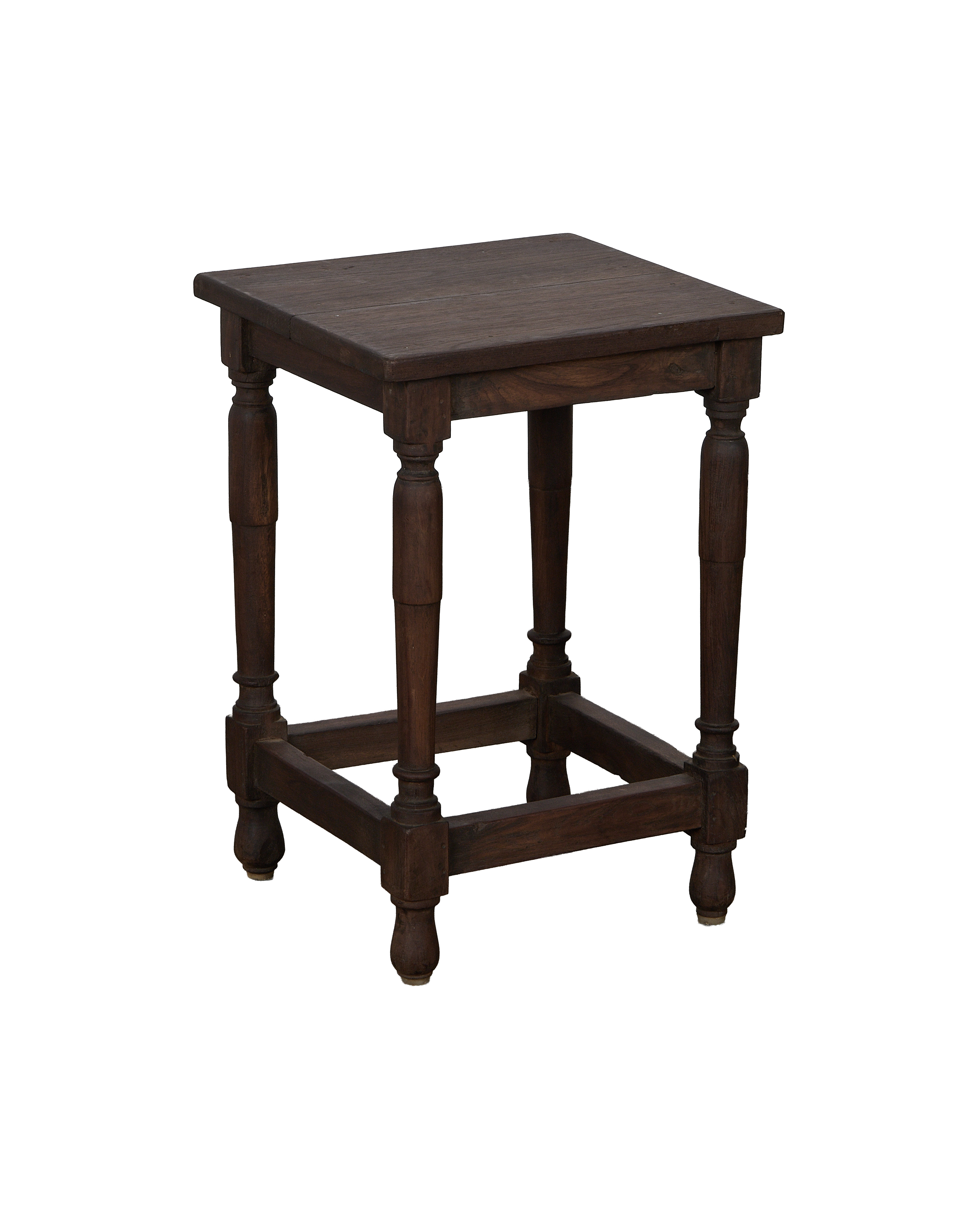 Vintage Indian dark stained oak wood side table with turned legs and lower stretcher.