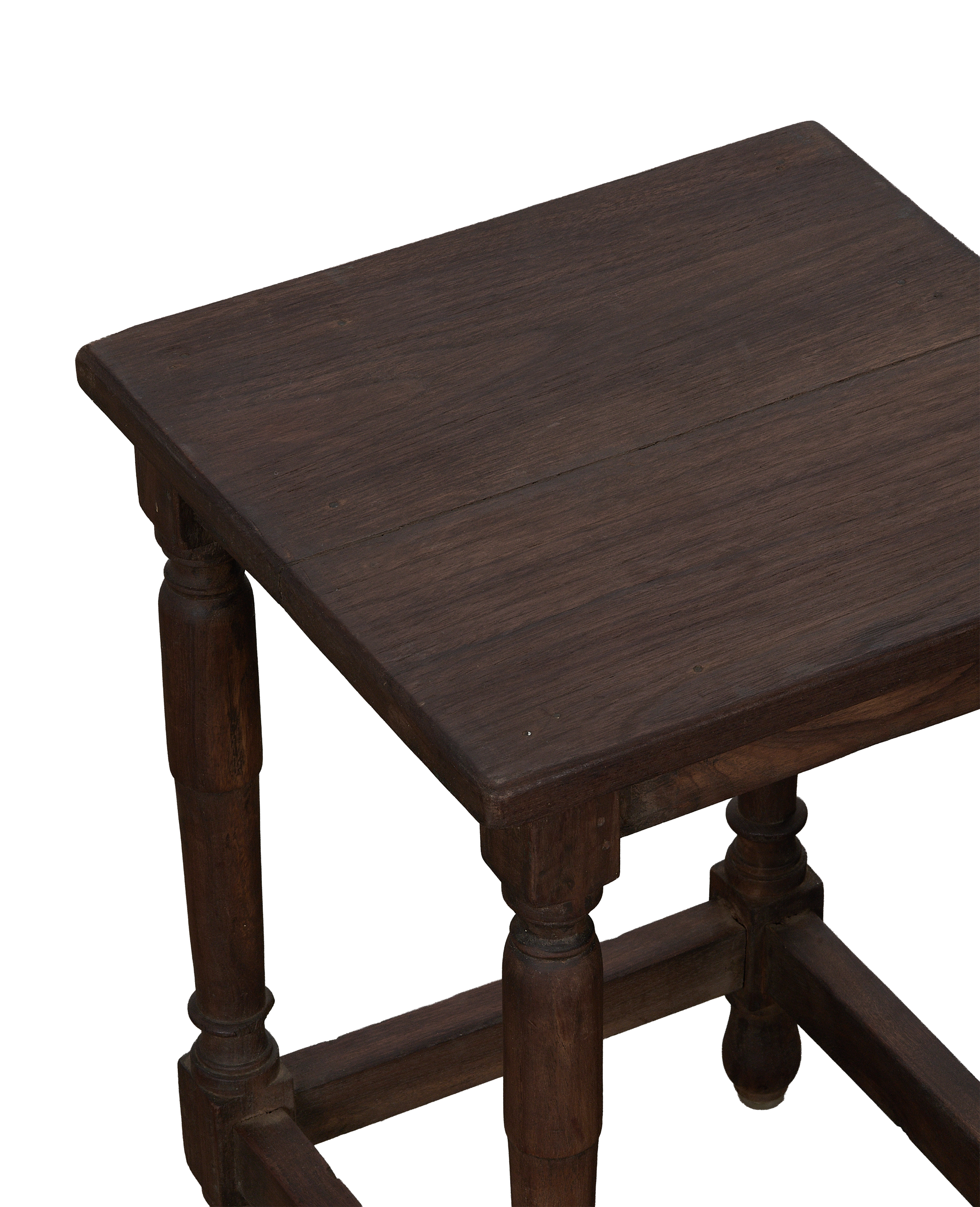 Vintage oak side table, detailed view of rich stained wood grain with turned legs.