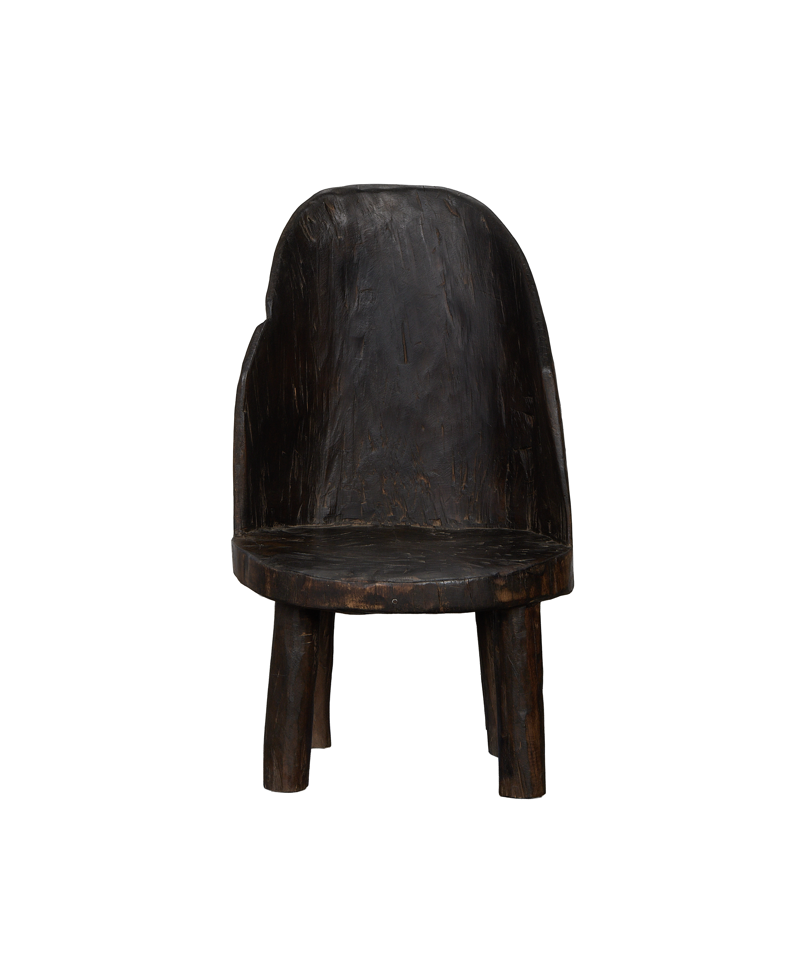 Vintage Indian Nagaland oak chair, showing the unique rounded back and seat, dark wood.