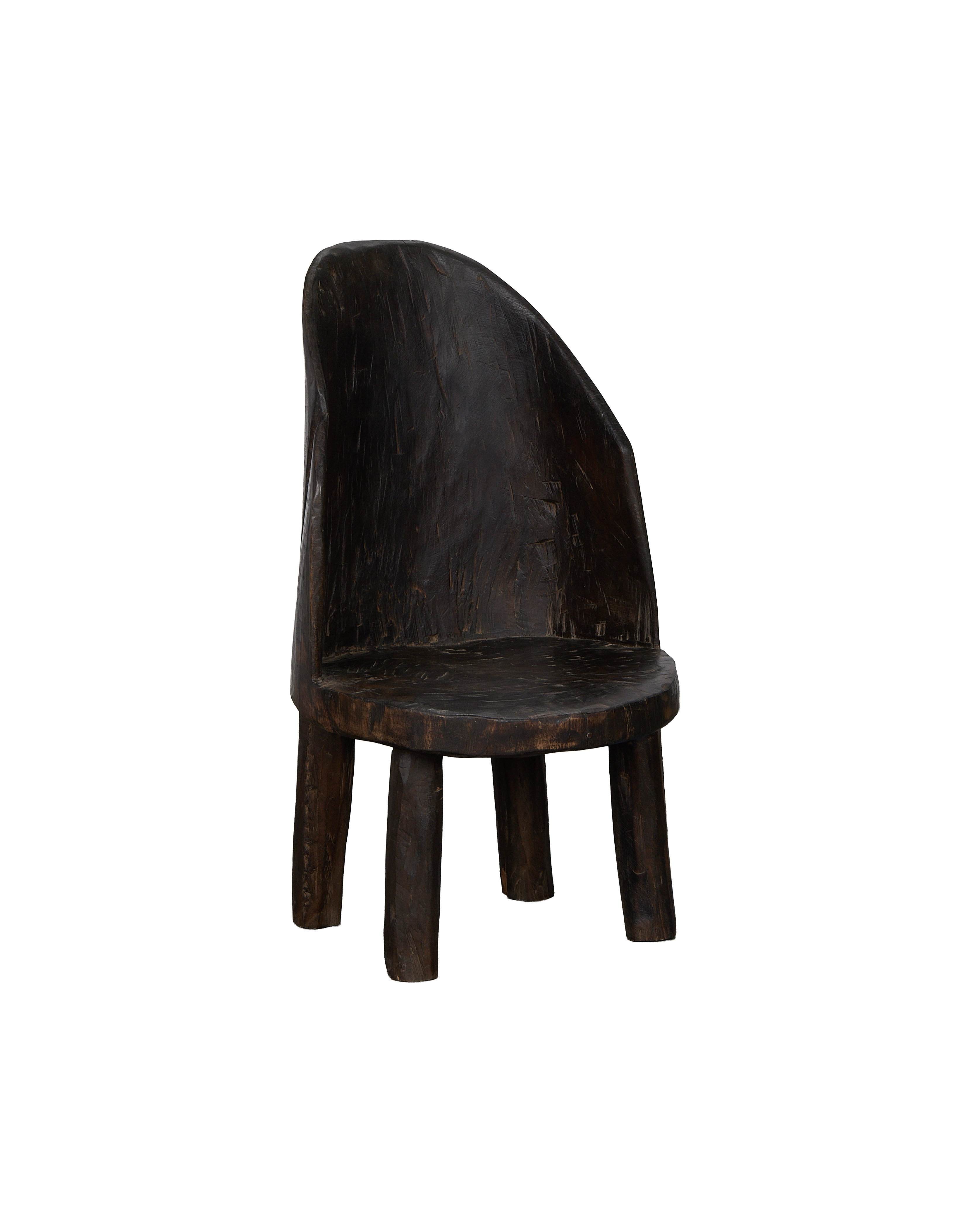 Vintage Nagaland tribal oak chair from India, primitive dark wood curves.