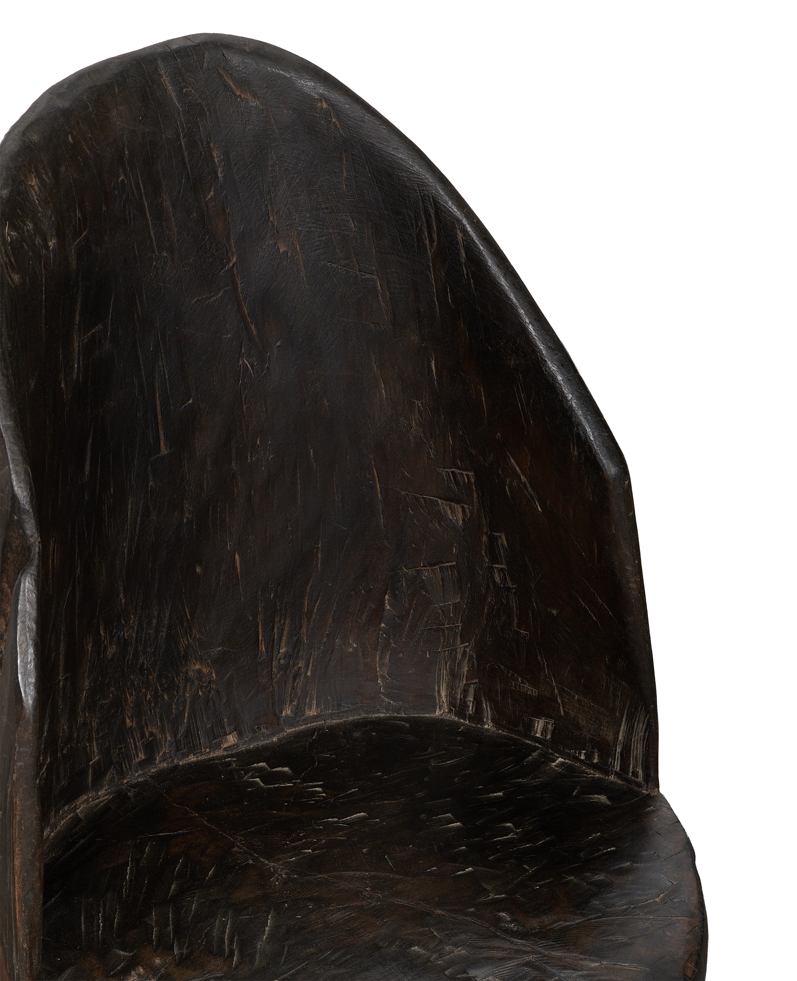 Vintage Nagaland oak chair, close-up of dark wood grain details with worn seat.