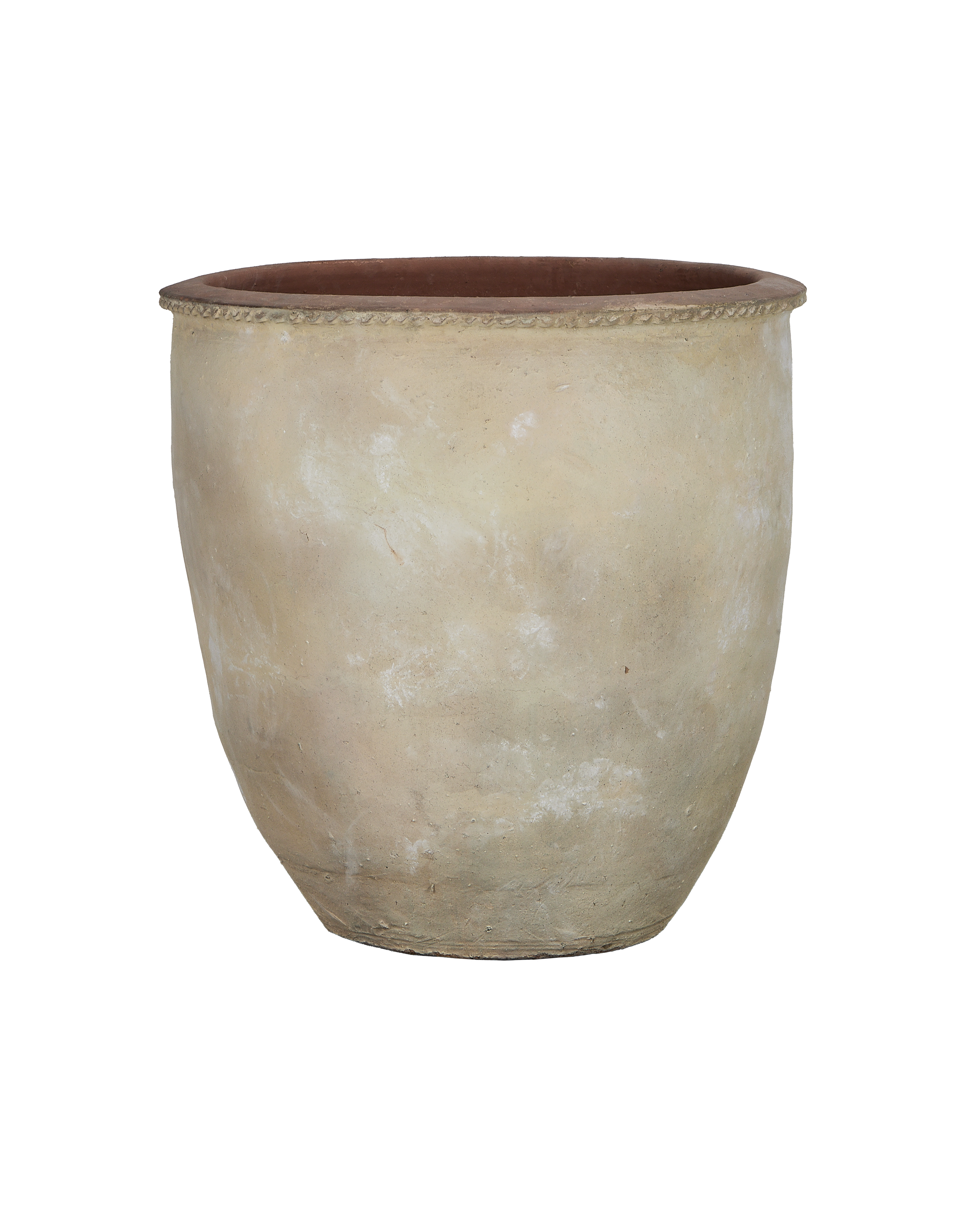 Vietnamese Bulkey terracotta planter, weathered off-white exterior, detailed trim, and rounded base.