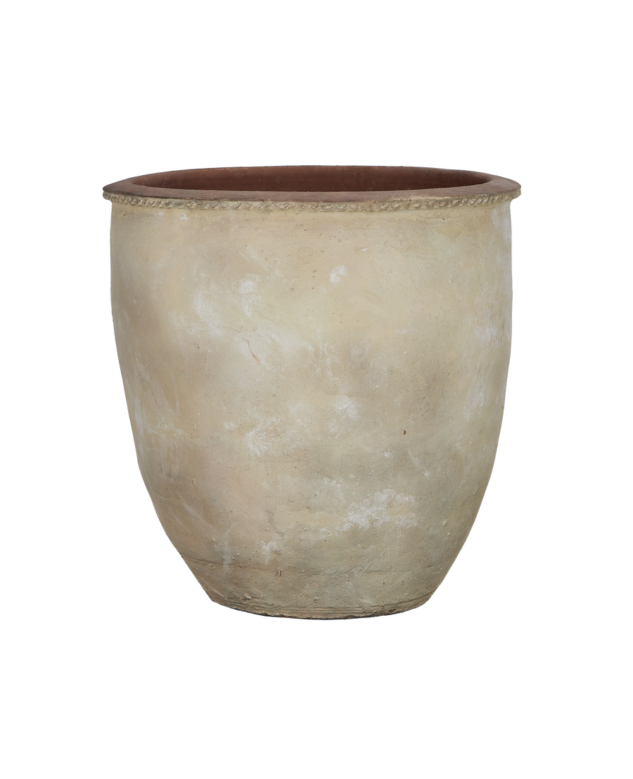 Vietnamese Bulkey terracotta planter, weathered off-white exterior, detailed trim, and rounded base.