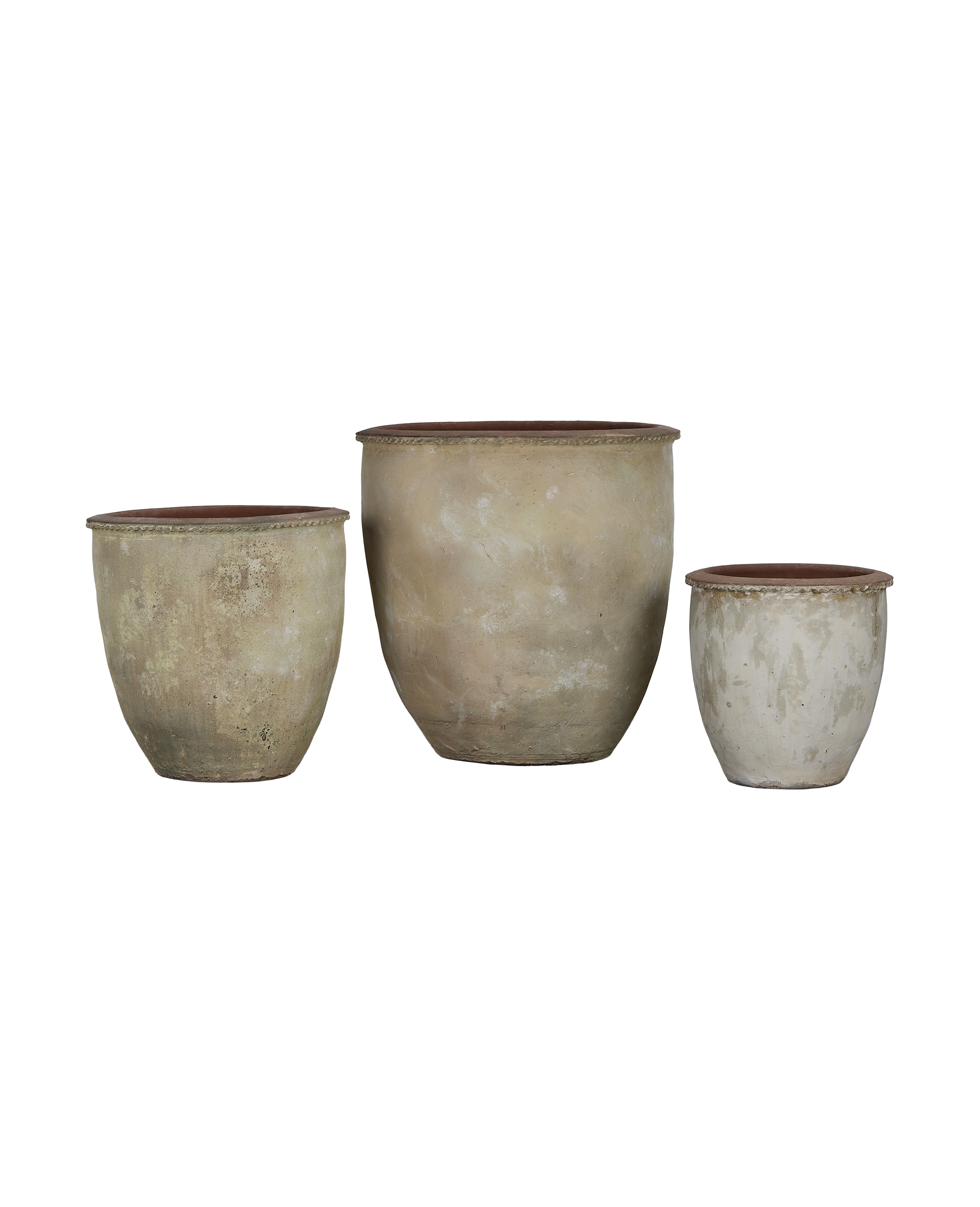 Terrace Planters, set of three varied sizes, vintage Vietnamese beige ceramic pots.