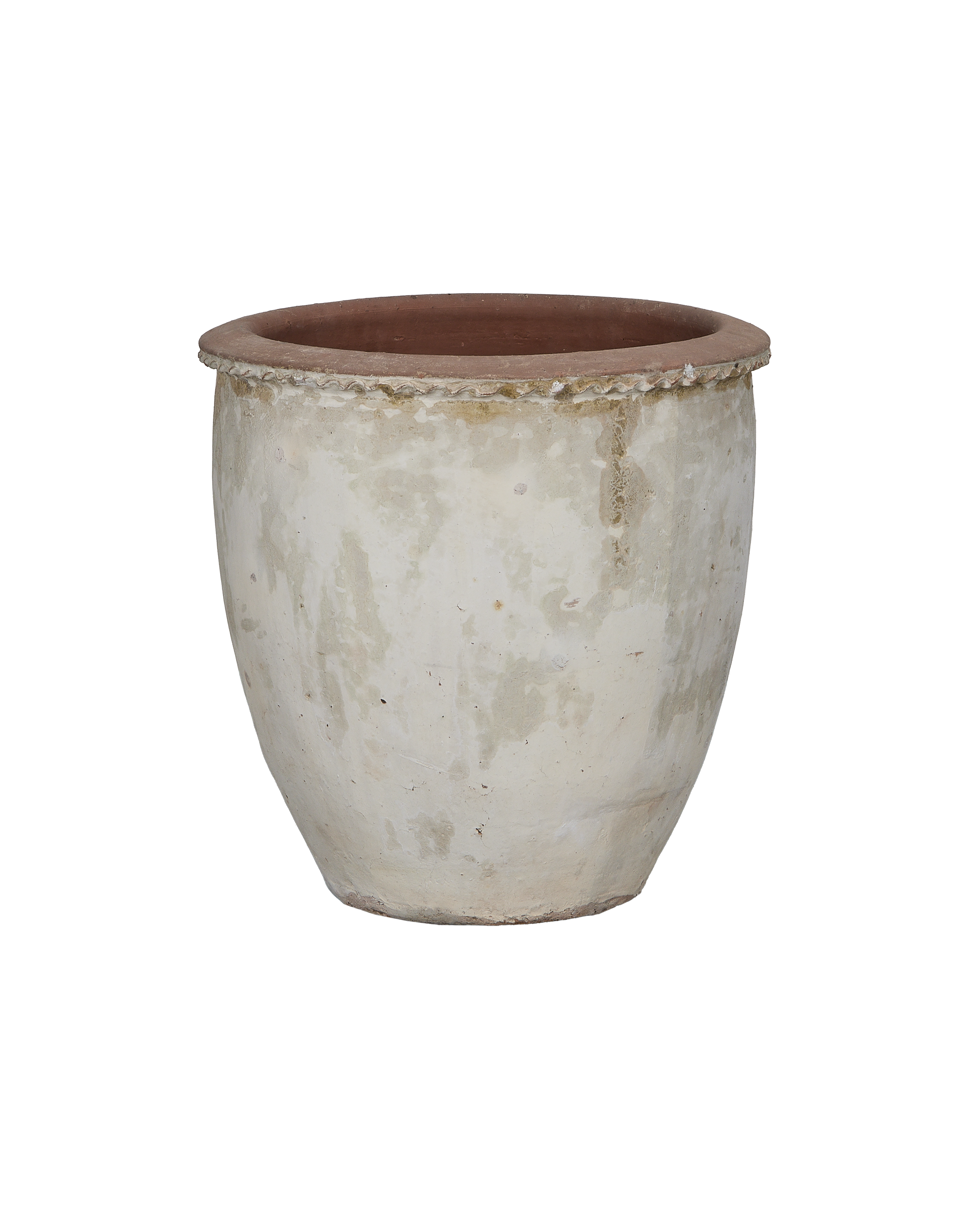 Vintage Vietnamese terra cotta planter with unique textured cream finish and detailed weathered rim.