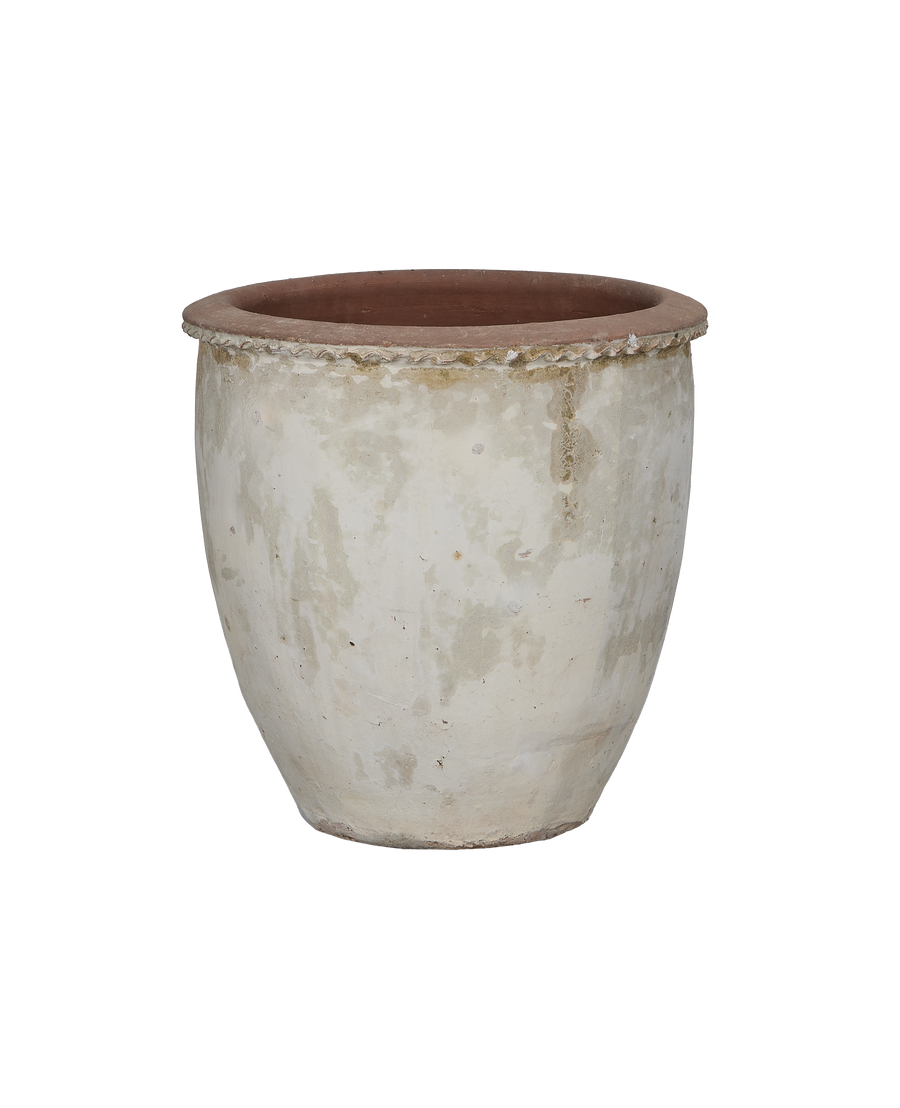 Vintage Vietnamese terra cotta planter with unique textured cream finish and detailed weathered rim.