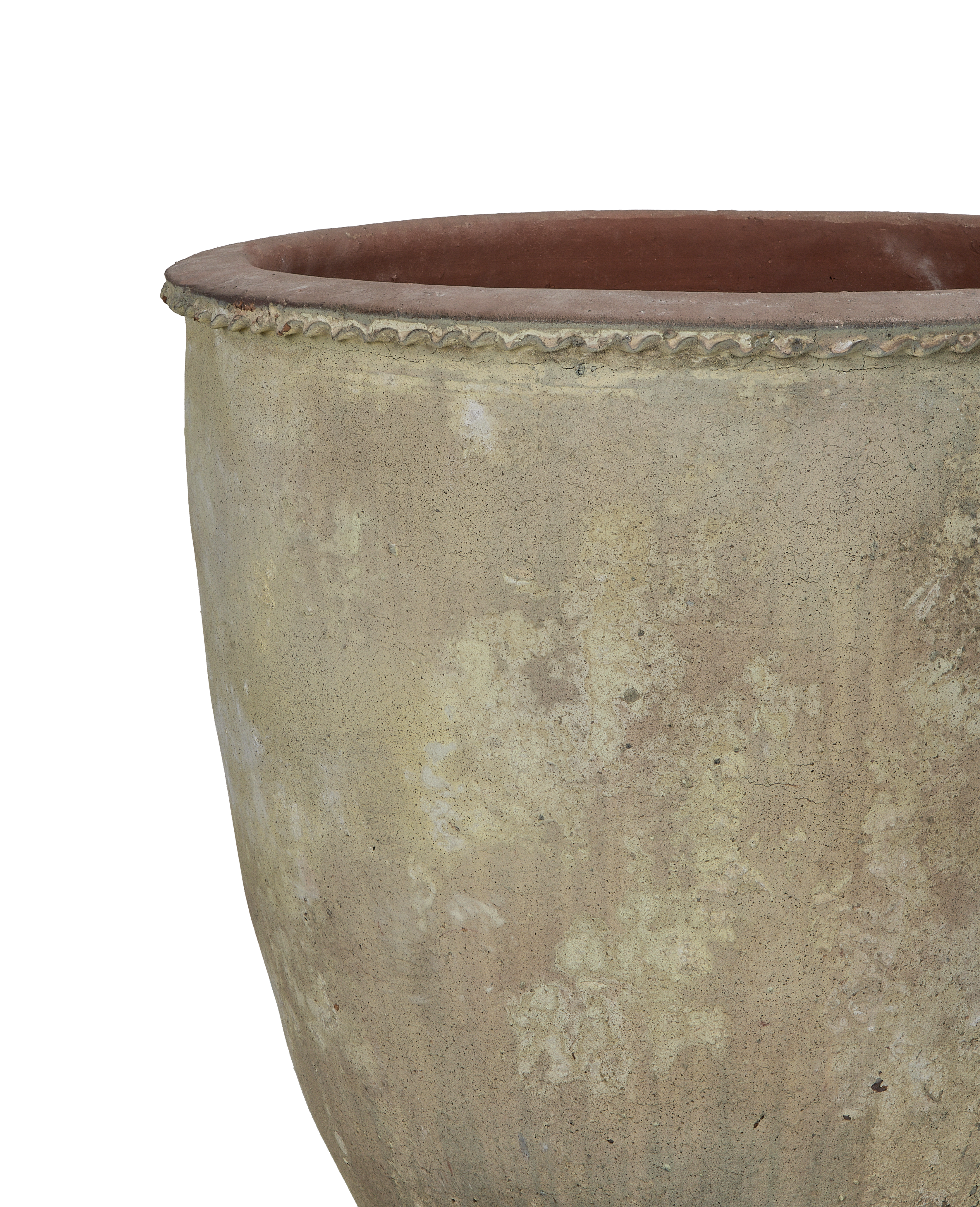 Close-up of vintage Vietnamese terrace planter rim, showing beautiful intricate detail and textured stoneware.