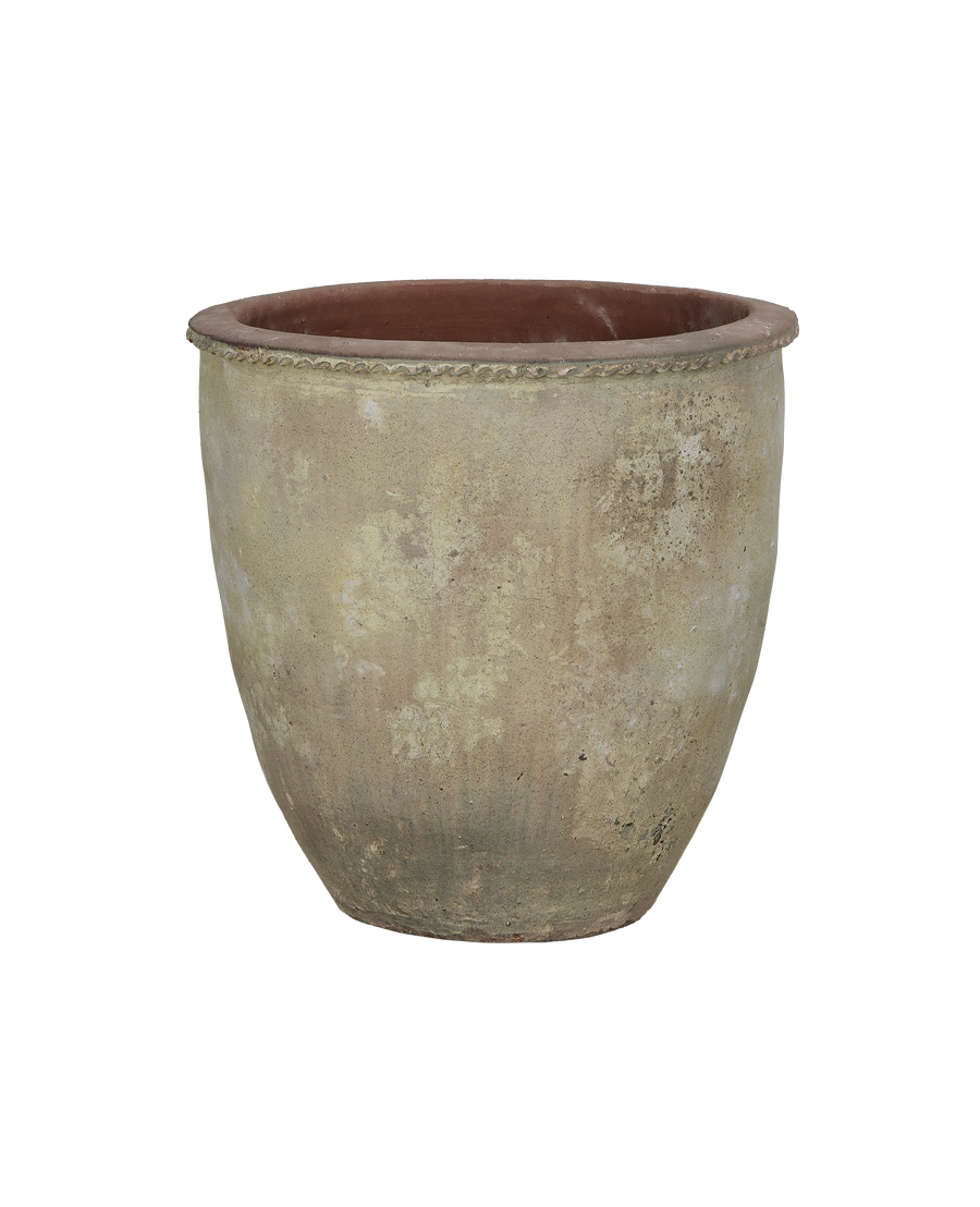 Vietnamese vintage terrace planter showing textured stone-like surface and detailed rim.