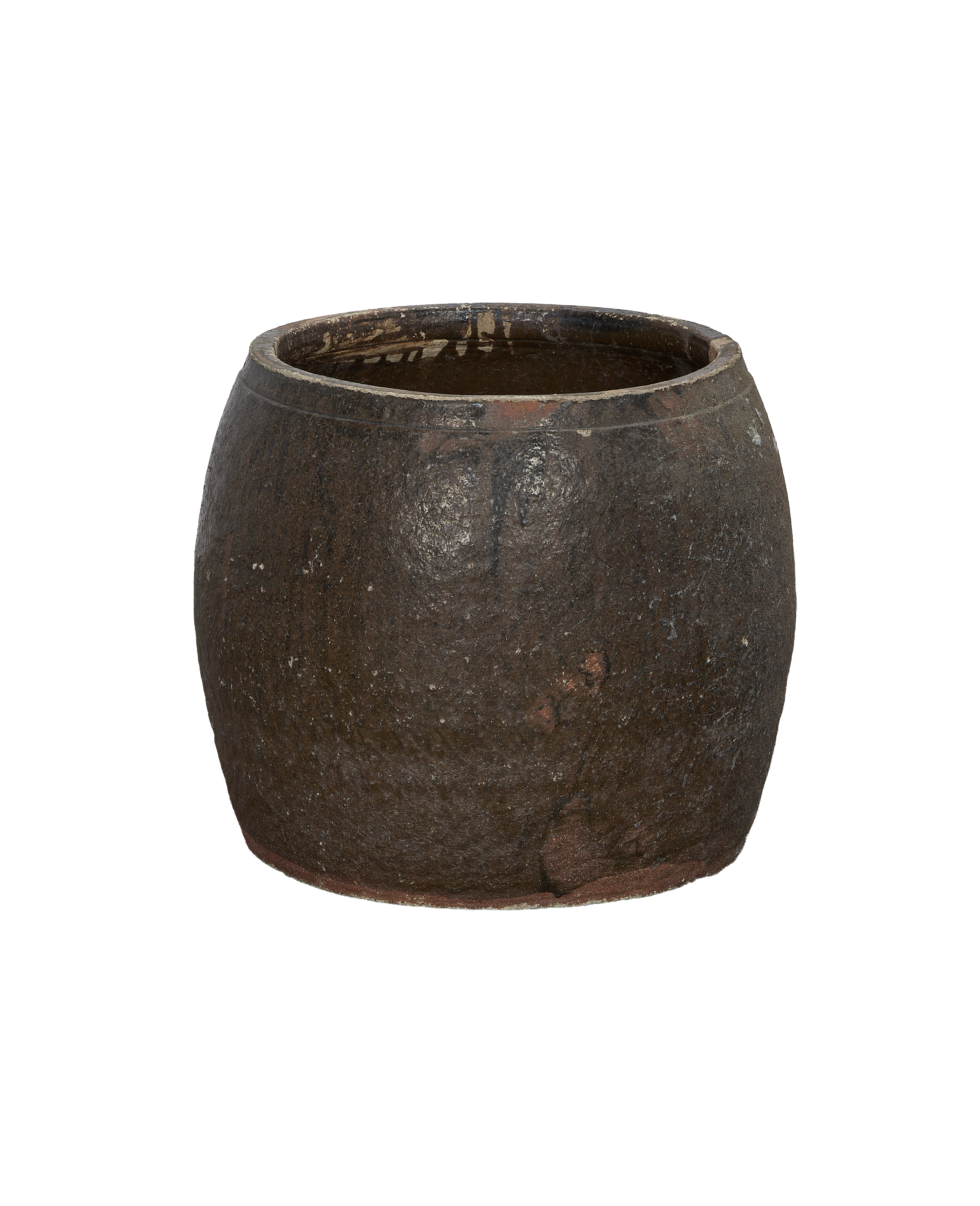 Vintage Chinese ceramic persimmon planter bowl with rough textured dark brown glaze.