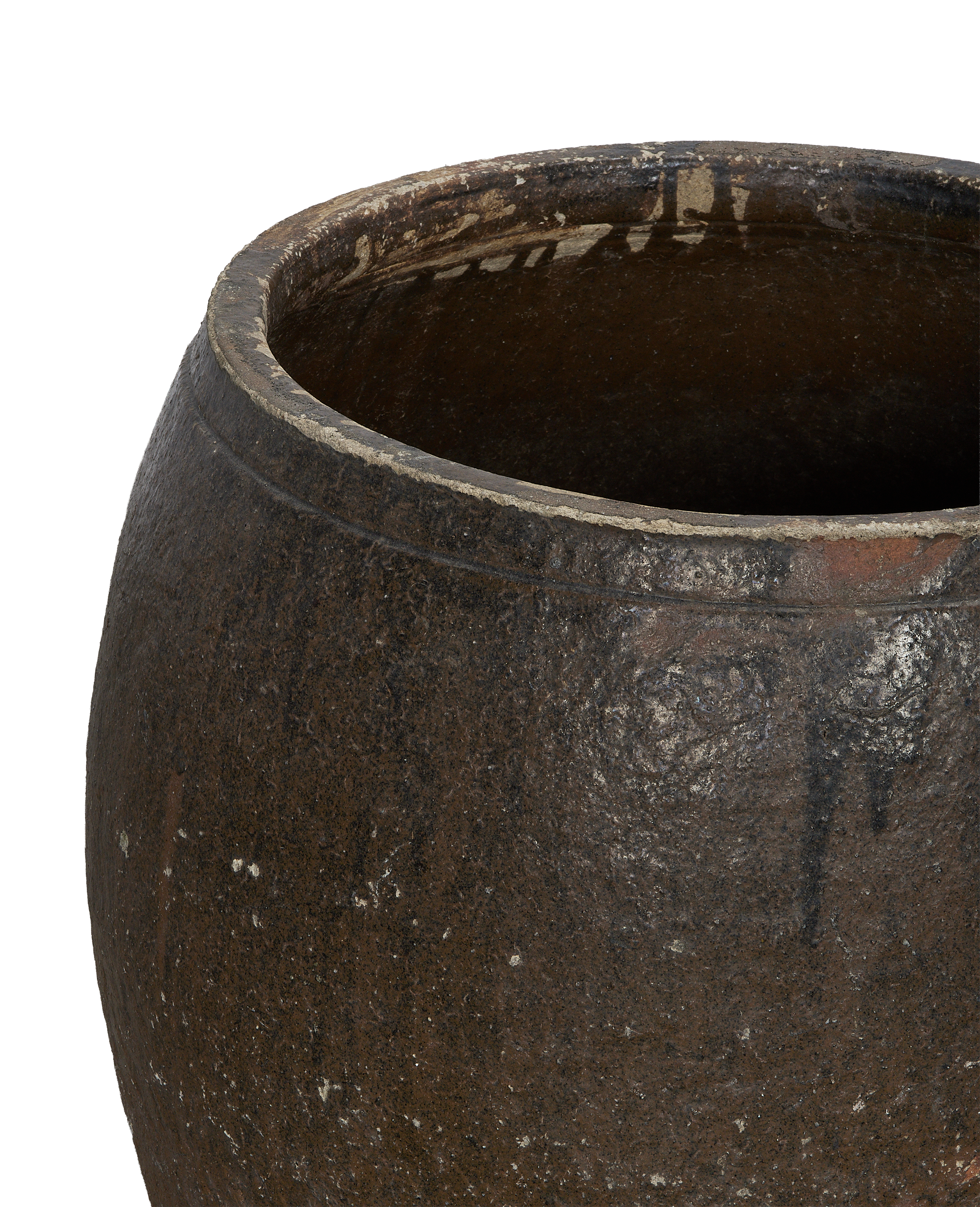Vintage Chinese persimmon planter, close-up showing distressed rim texture and weathered finish.