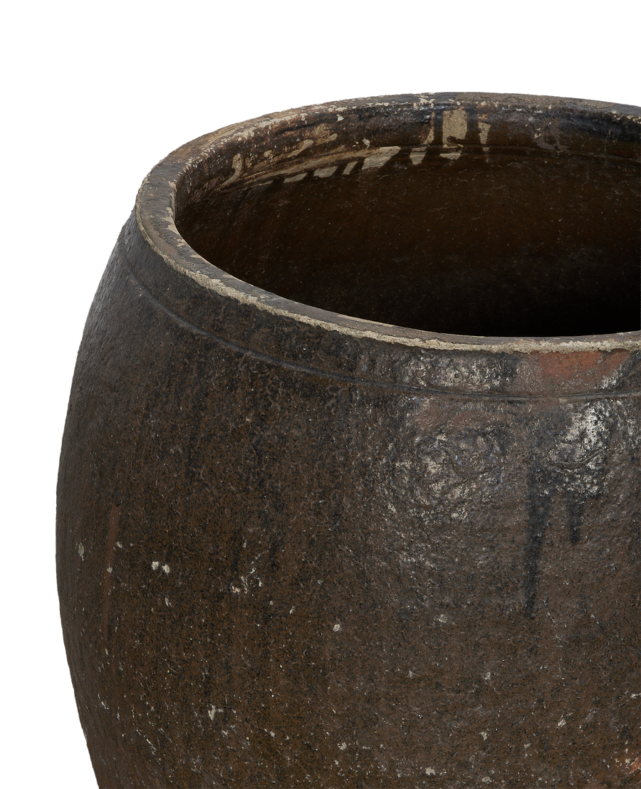 Vintage Chinese persimmon planter, close-up showing distressed rim texture and weathered finish.