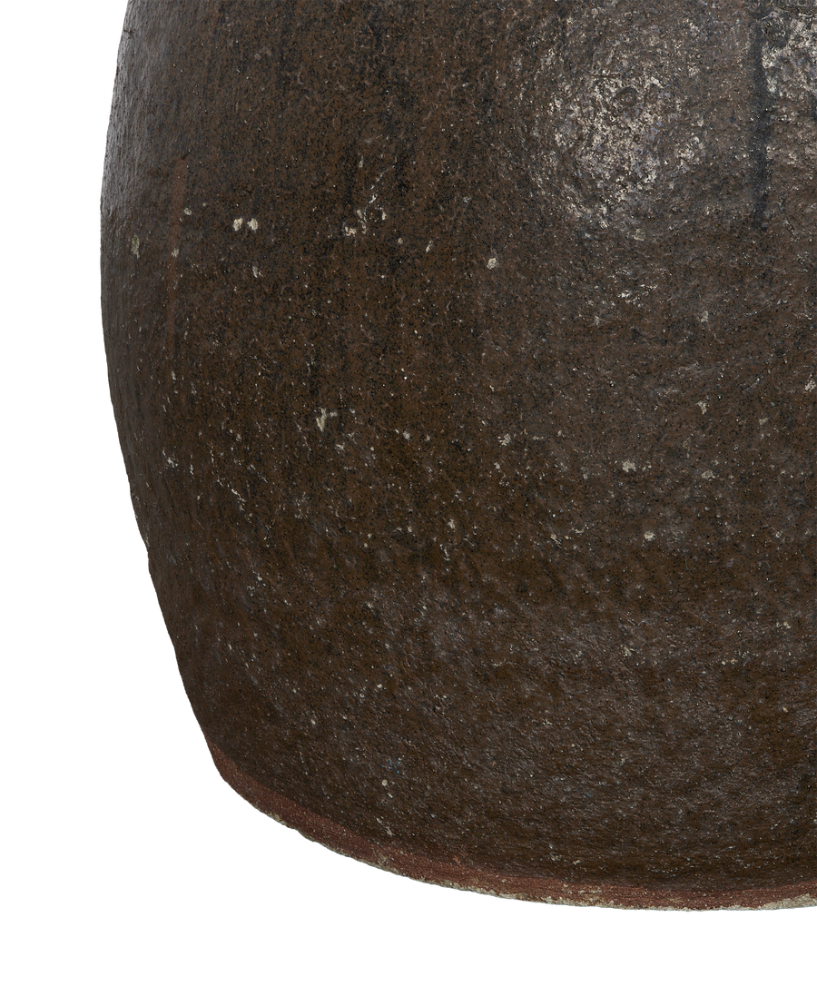 Vintage Chinese persimmon planter, close-up texture, dark brown rustic finish, distressed surface.