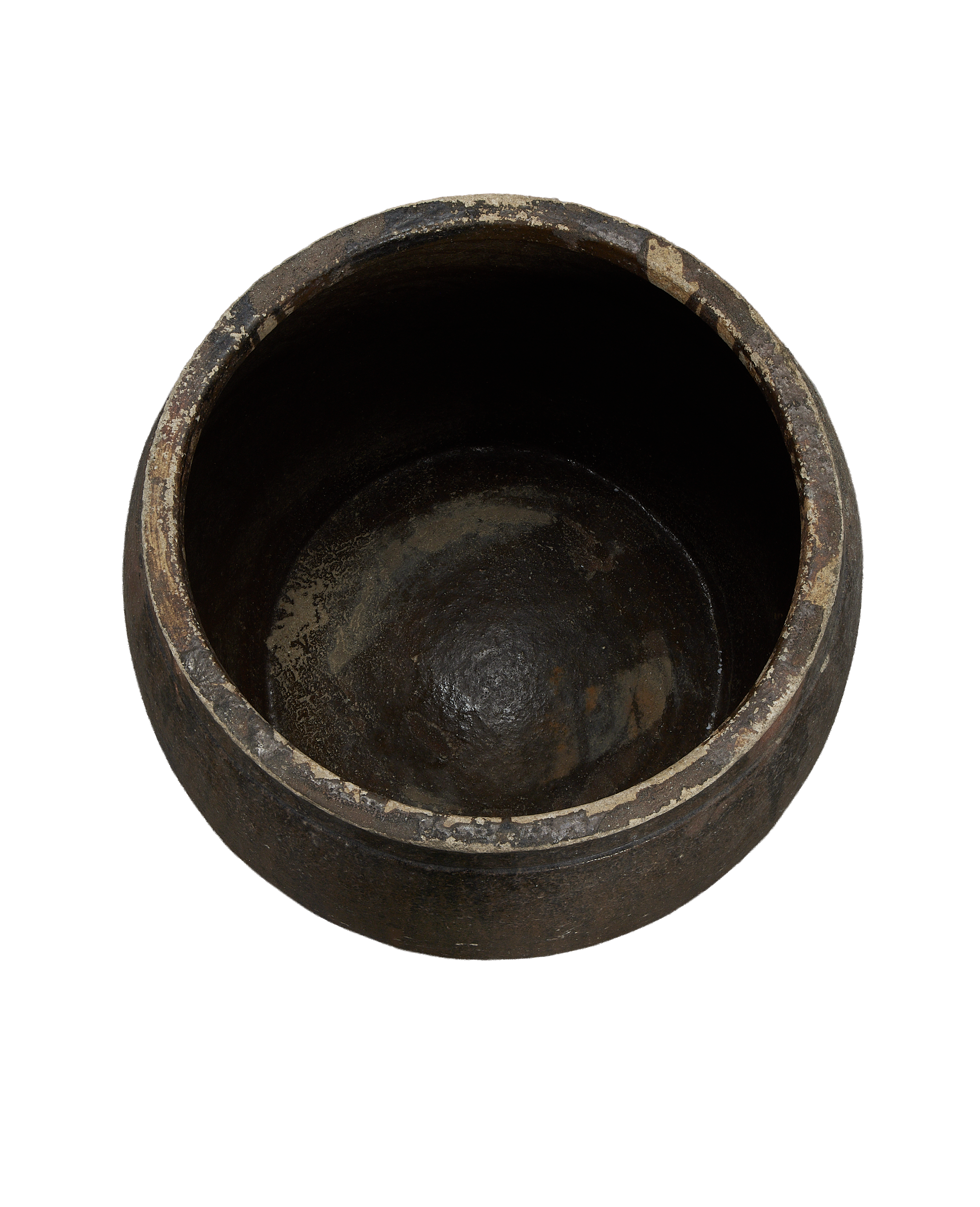 Vintage Chinese ceramic planter, top-down view highlighting aged interior and distressed rim.