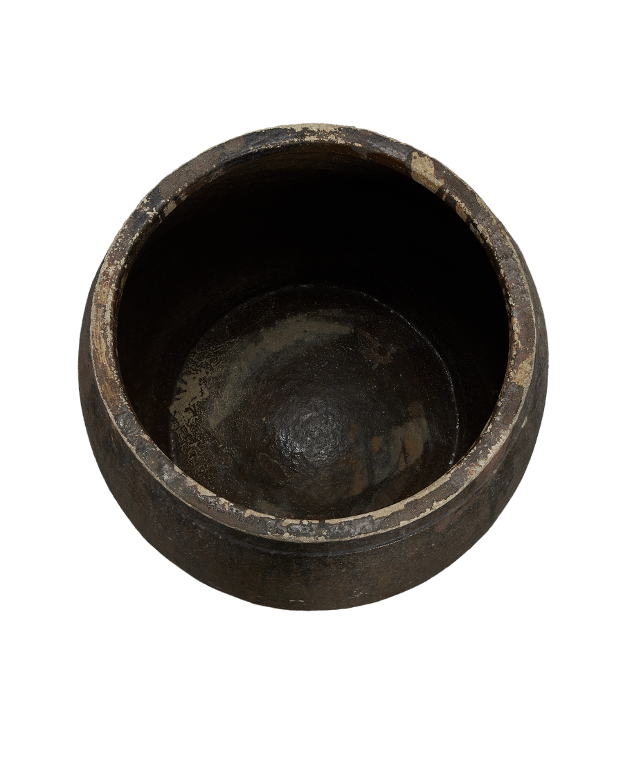 Vintage Chinese ceramic planter, top-down view highlighting aged interior and distressed rim.