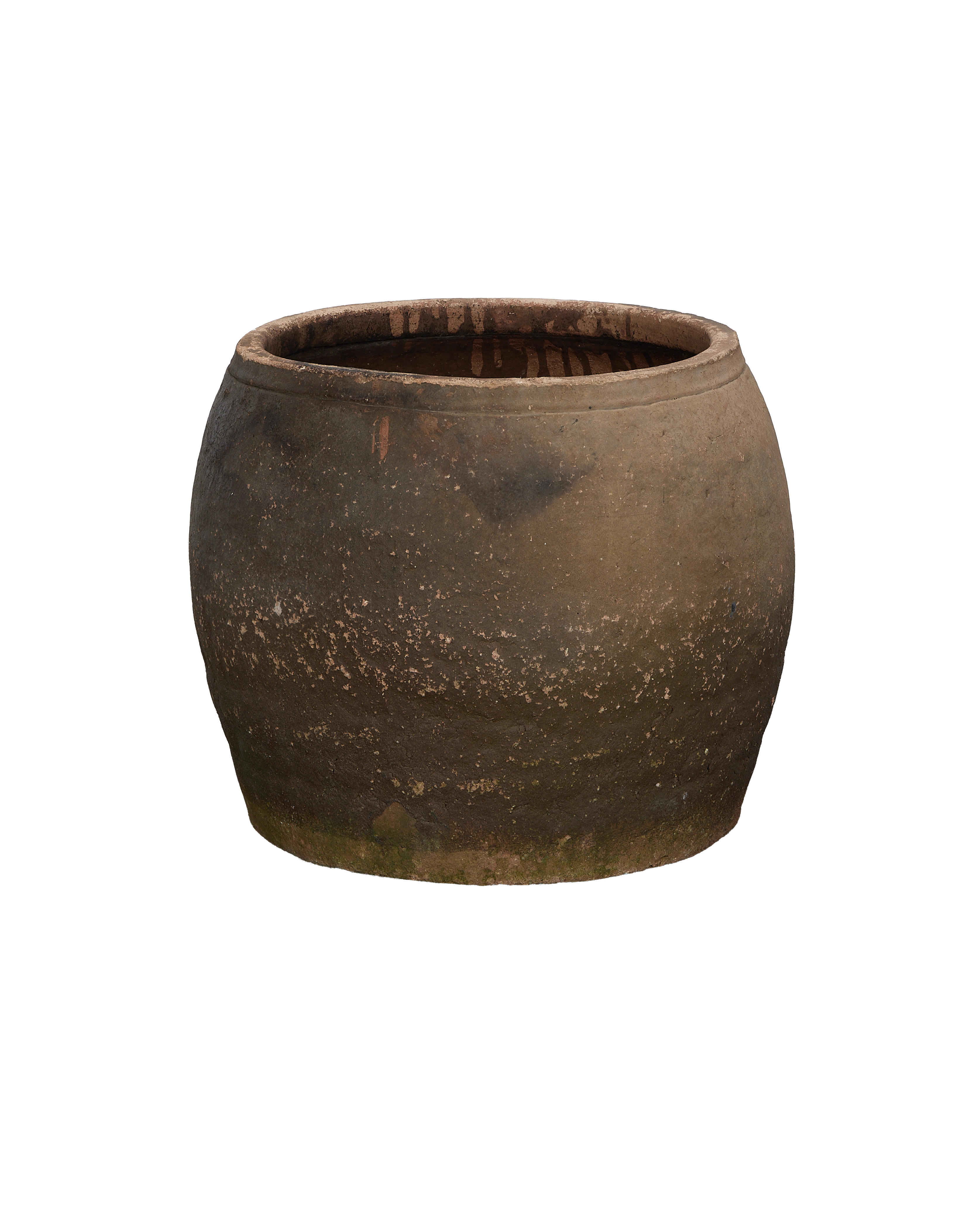 Vintage Chinese terracotta persimmon planter, weathered surface showing subtle distress and ring.