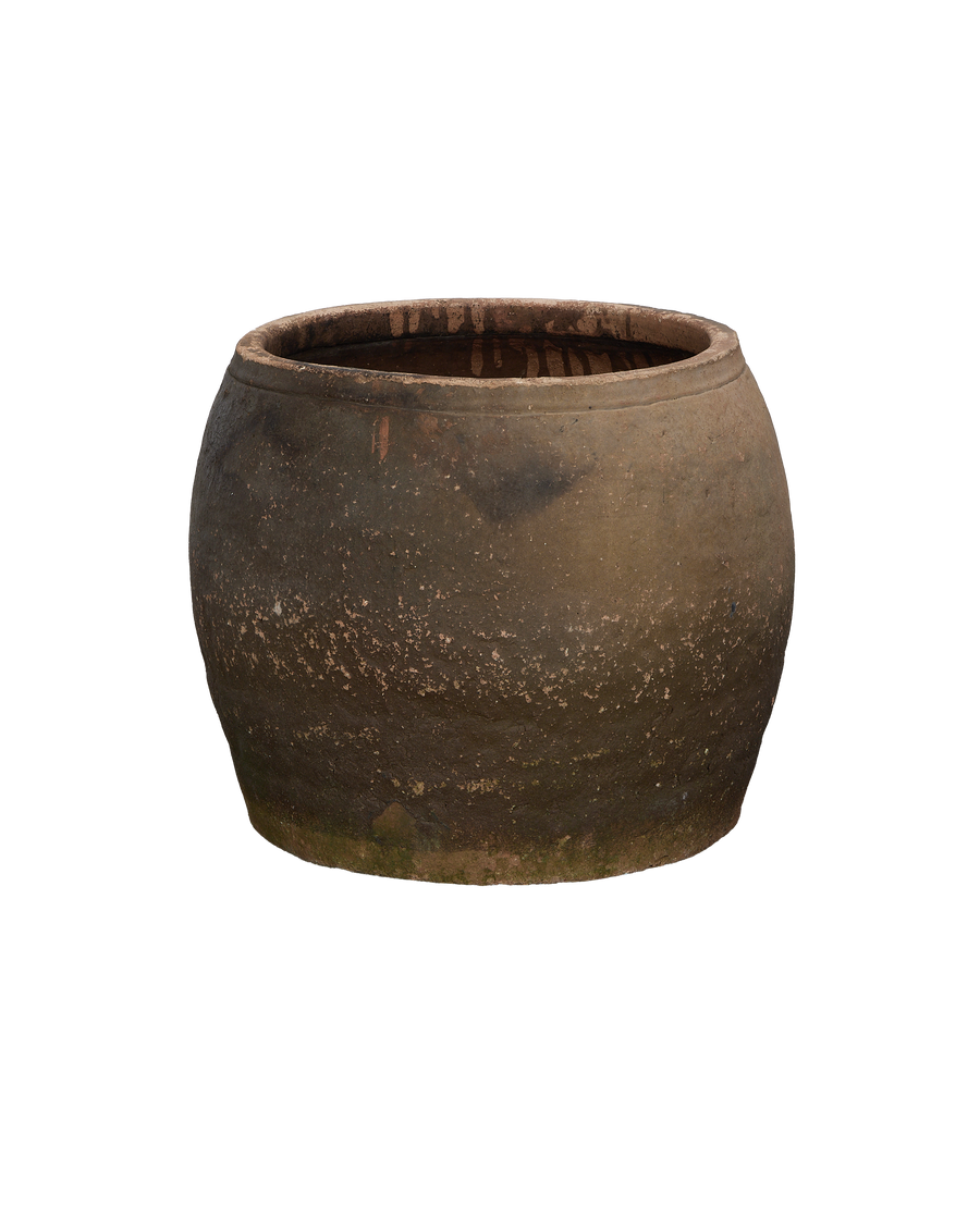 Vintage Chinese terracotta persimmon planter, weathered surface showing subtle distress and ring.