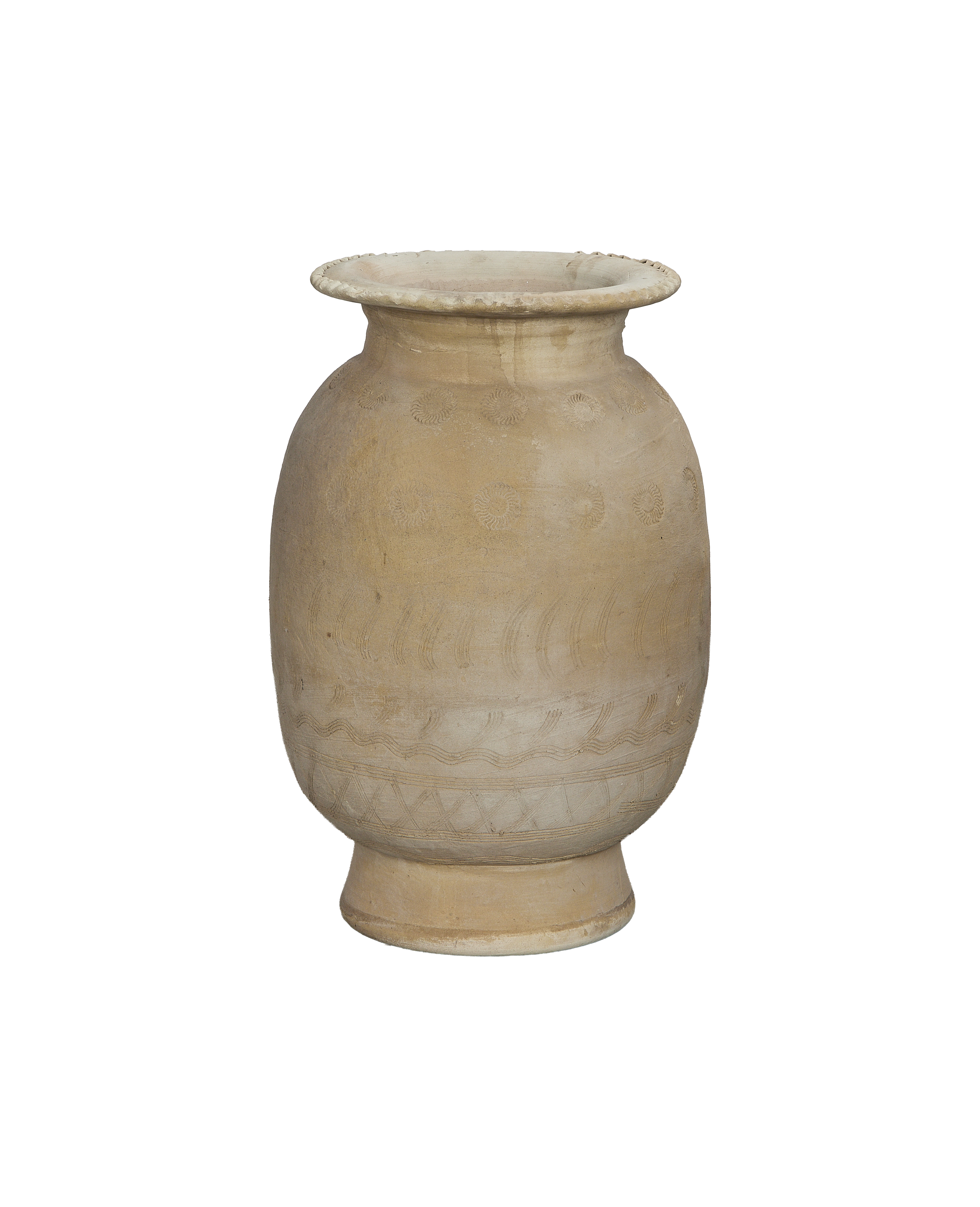 Vintage Chinese pottery urn, relief carved with circular and wavy patterns, full view.