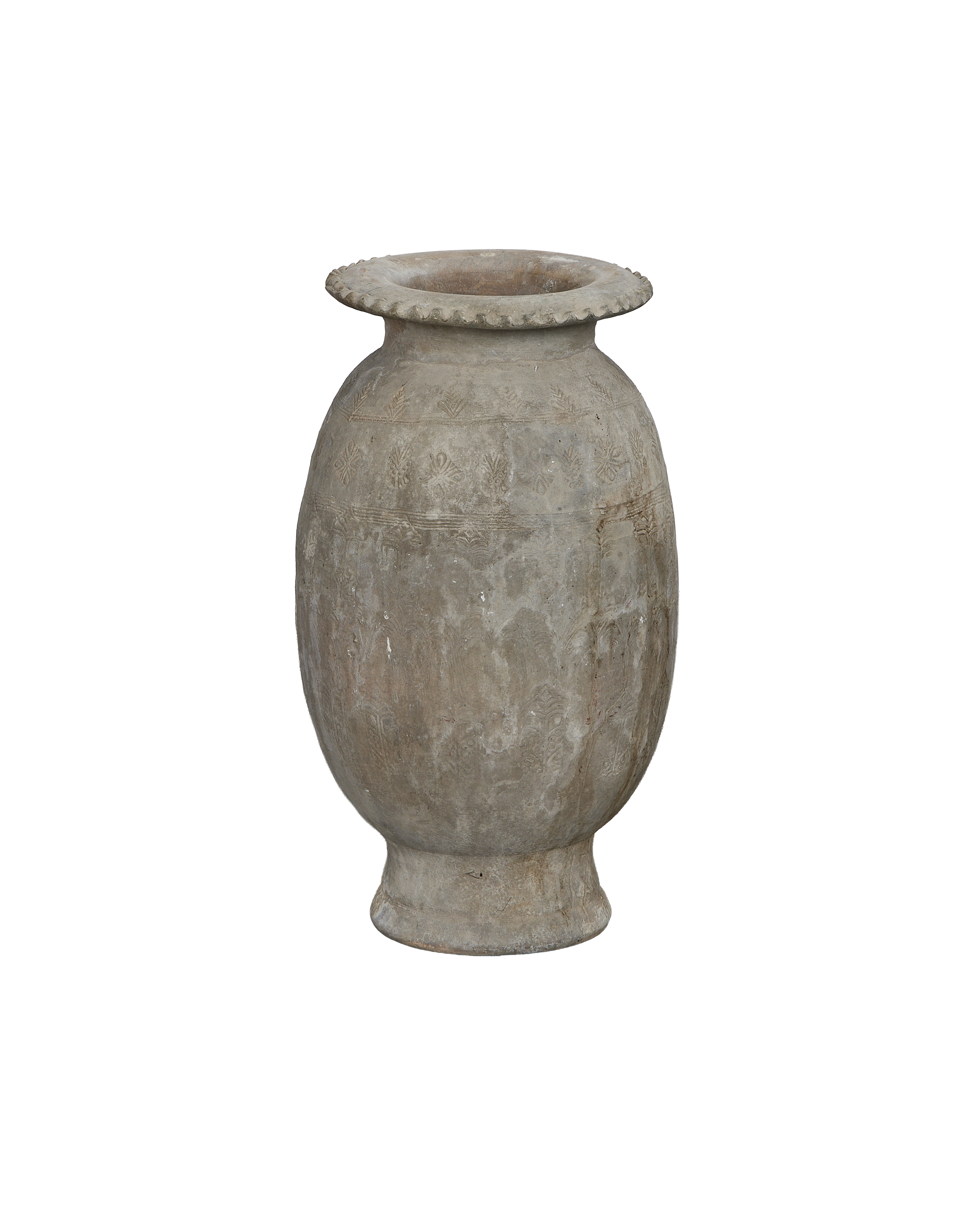 Chinese vintage carved relief urn with detailed decorative patterns, showing unique texture.
