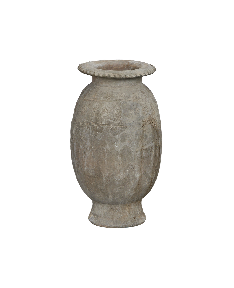 Chinese vintage carved relief urn with detailed decorative patterns, showing unique texture.