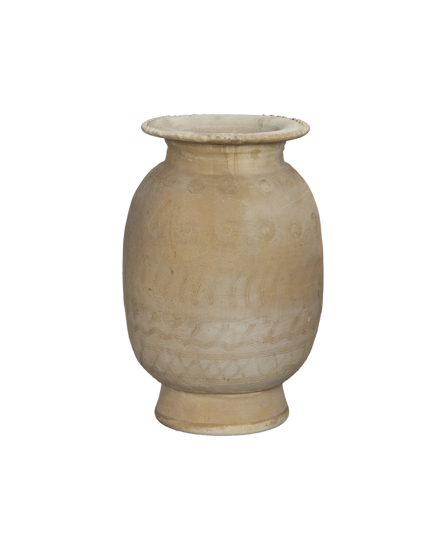 Vintage Chinese pottery urn, relief carved with circular and wavy patterns, full view.