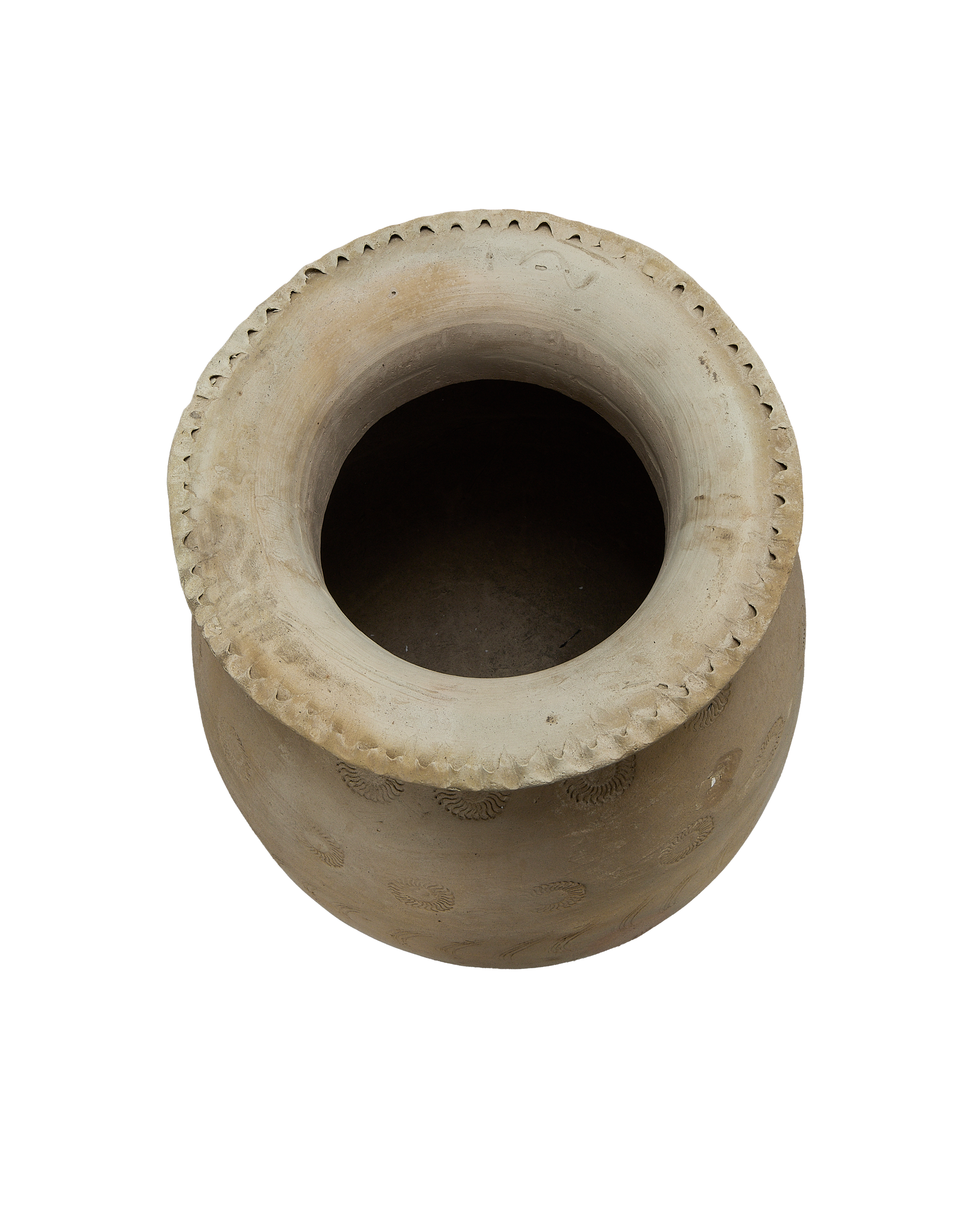 Vintage Chinese carved relief urn, top-down view showing interior and rim detail.