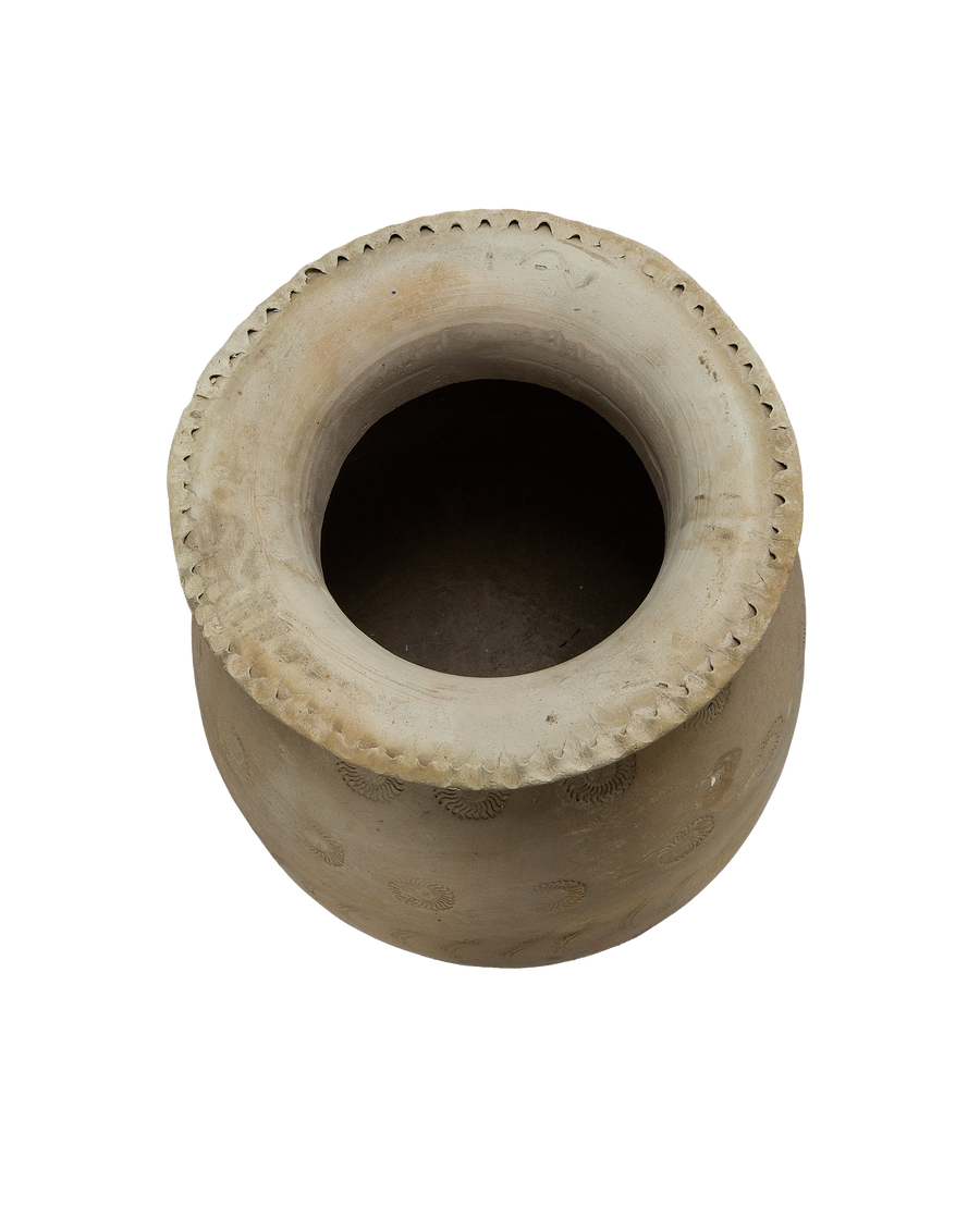 Vintage Chinese carved relief urn, top-down view showing interior and rim detail.