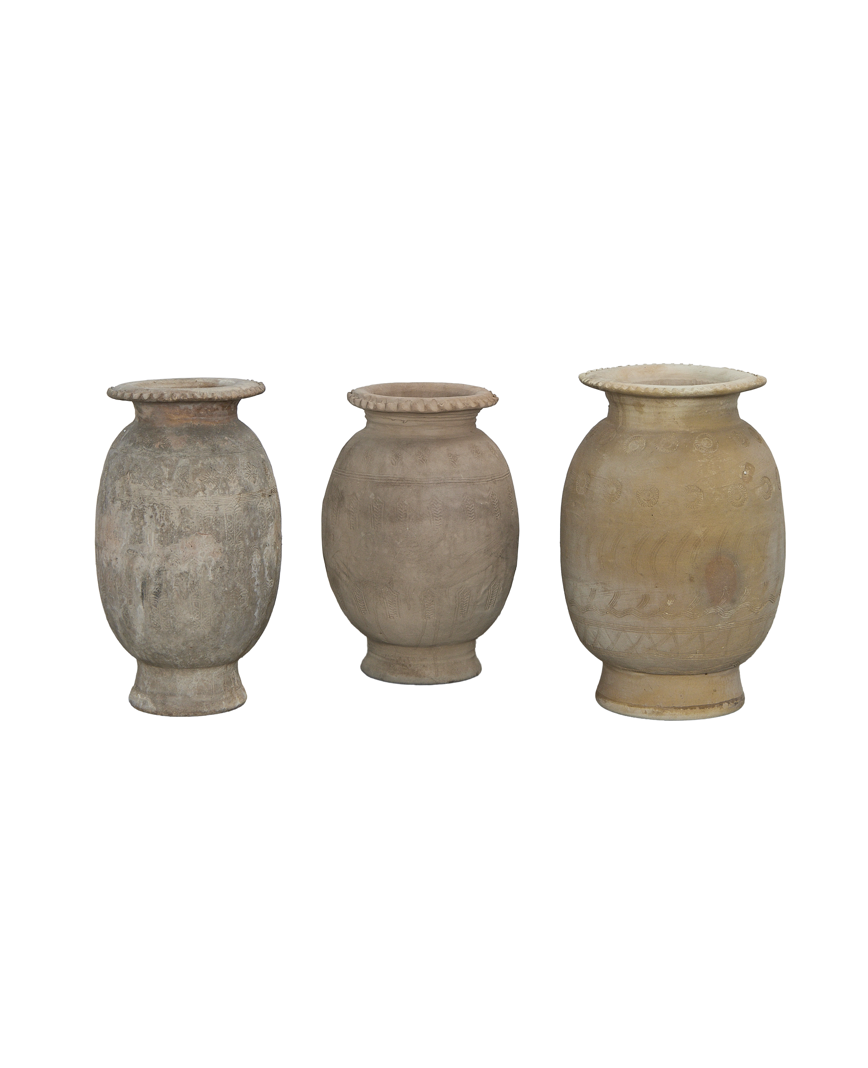 Three carved antique Chinese relief urns show unique patterns and varied vintage condition.