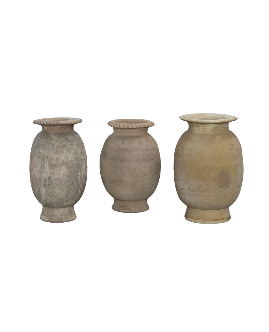 Three carved antique Chinese relief urns show unique patterns and varied vintage condition.