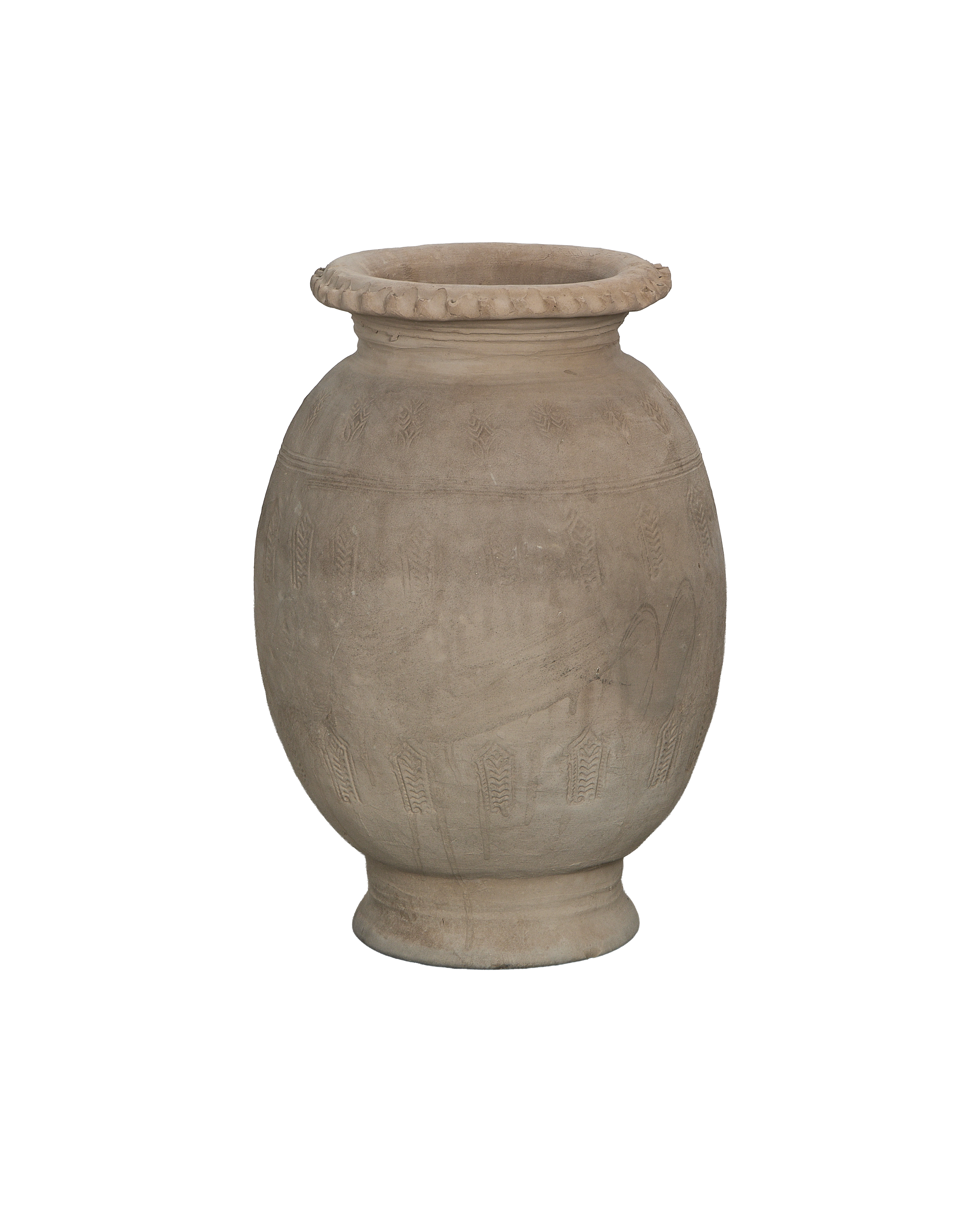 Vintage Chinese carved relief urn with decorative rim and patterned mid-section.