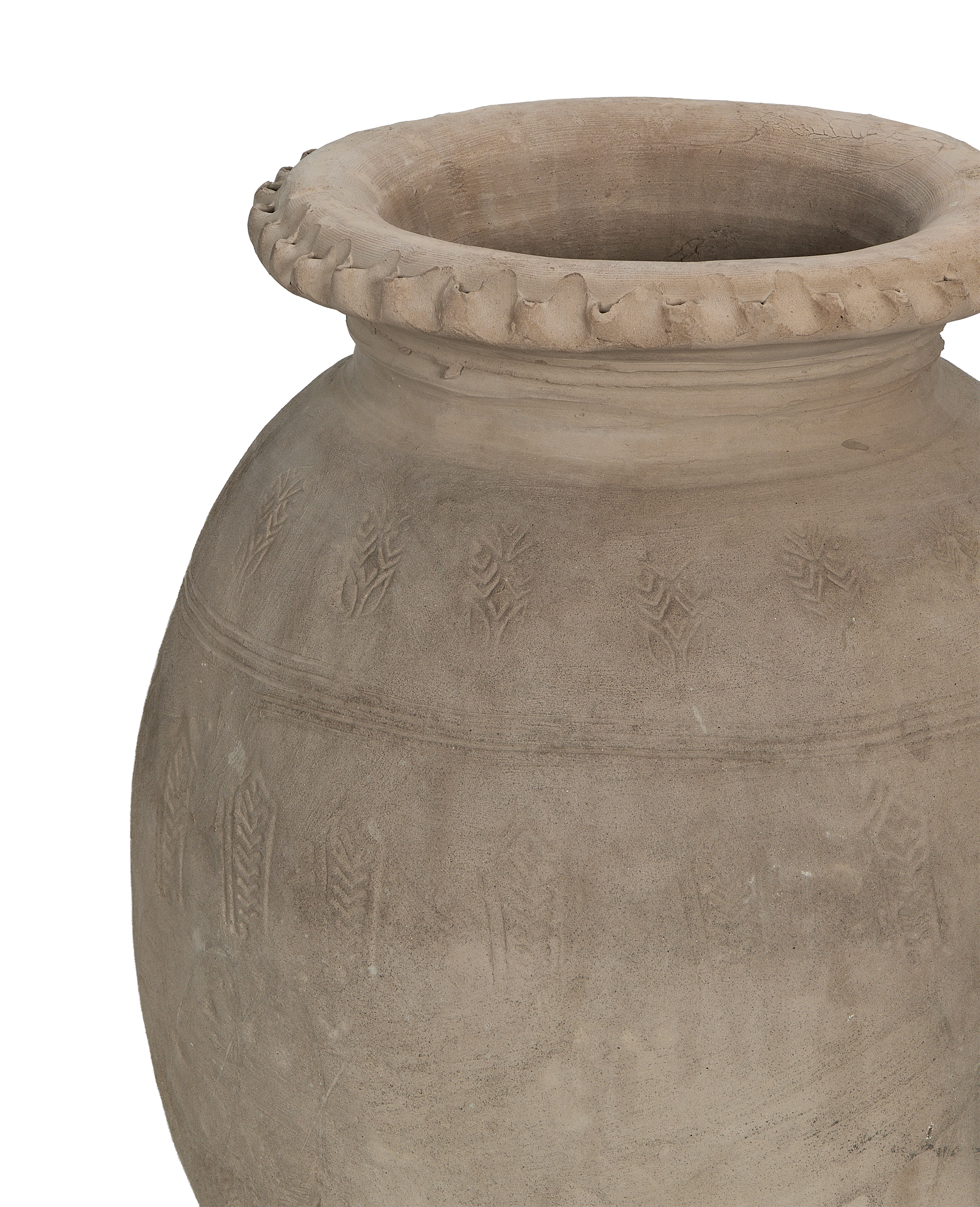 Vintage Chinese bulk carved relief urn, top rim detail and decorative patterns.