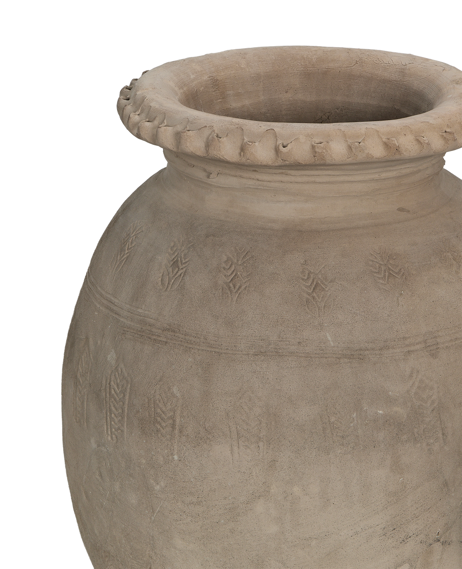Vintage Chinese bulk carved relief urn, top rim detail and decorative patterns.