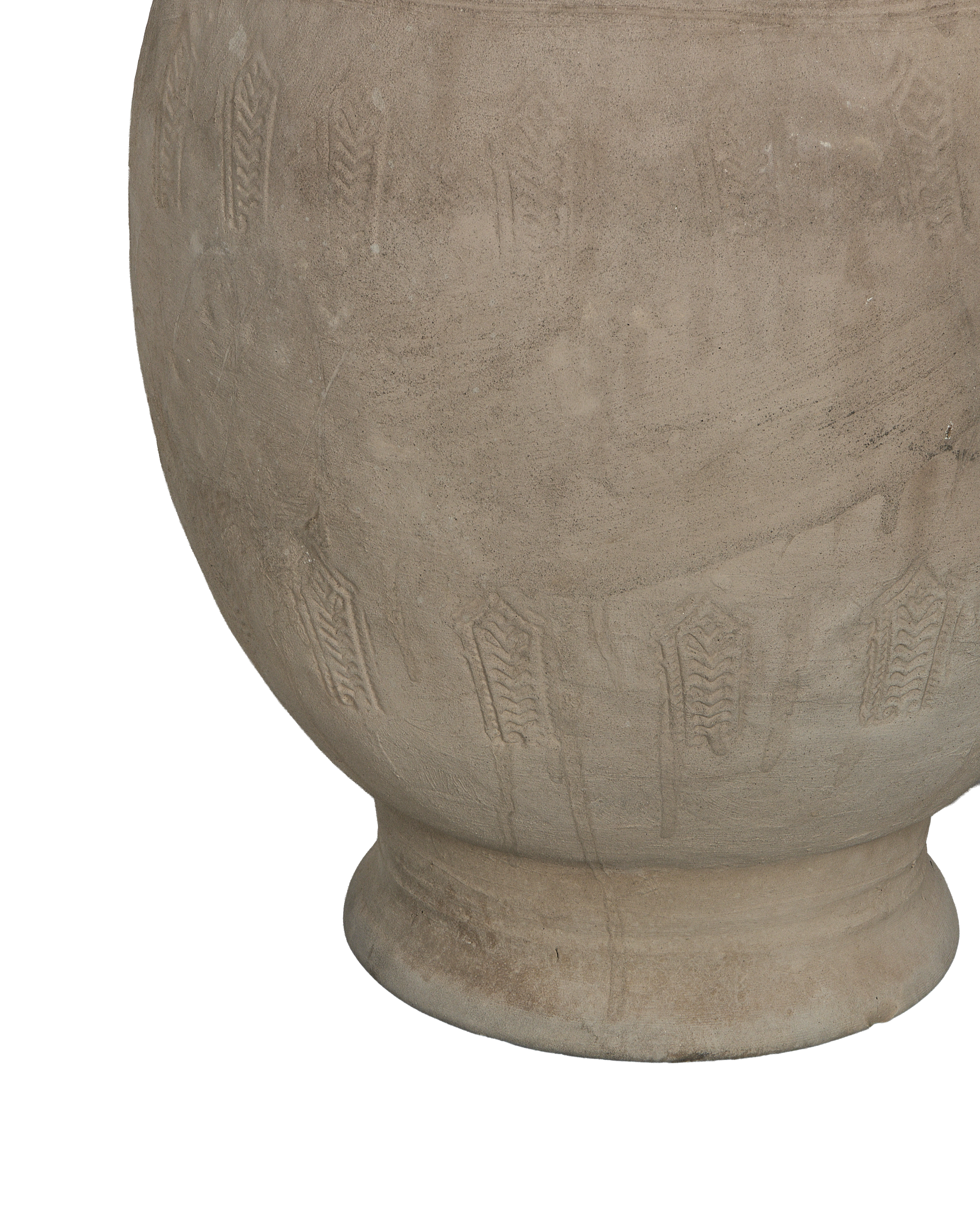 Close-up of vintage Chinese carved relief urn's textured base and decorative band.